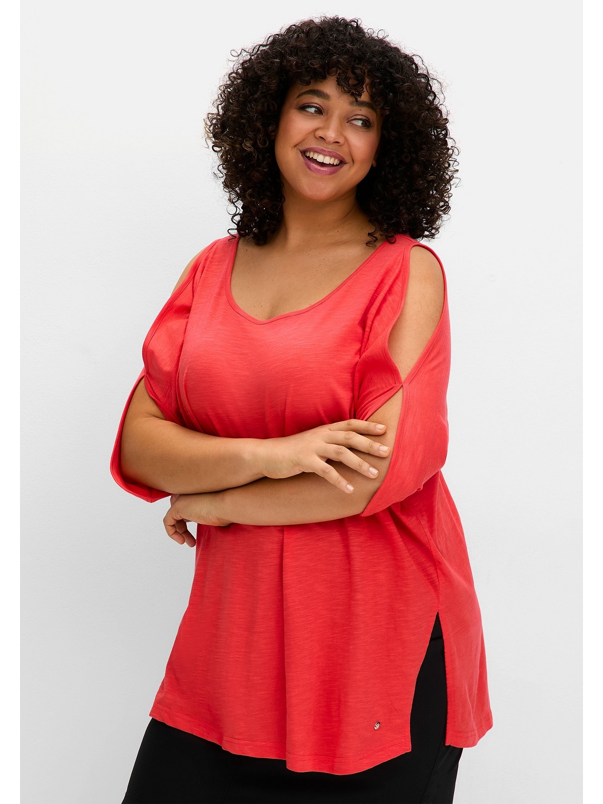 Sheego Longshirt "Große Größen", mit geschlitzten Fledermausärmeln günstig online kaufen