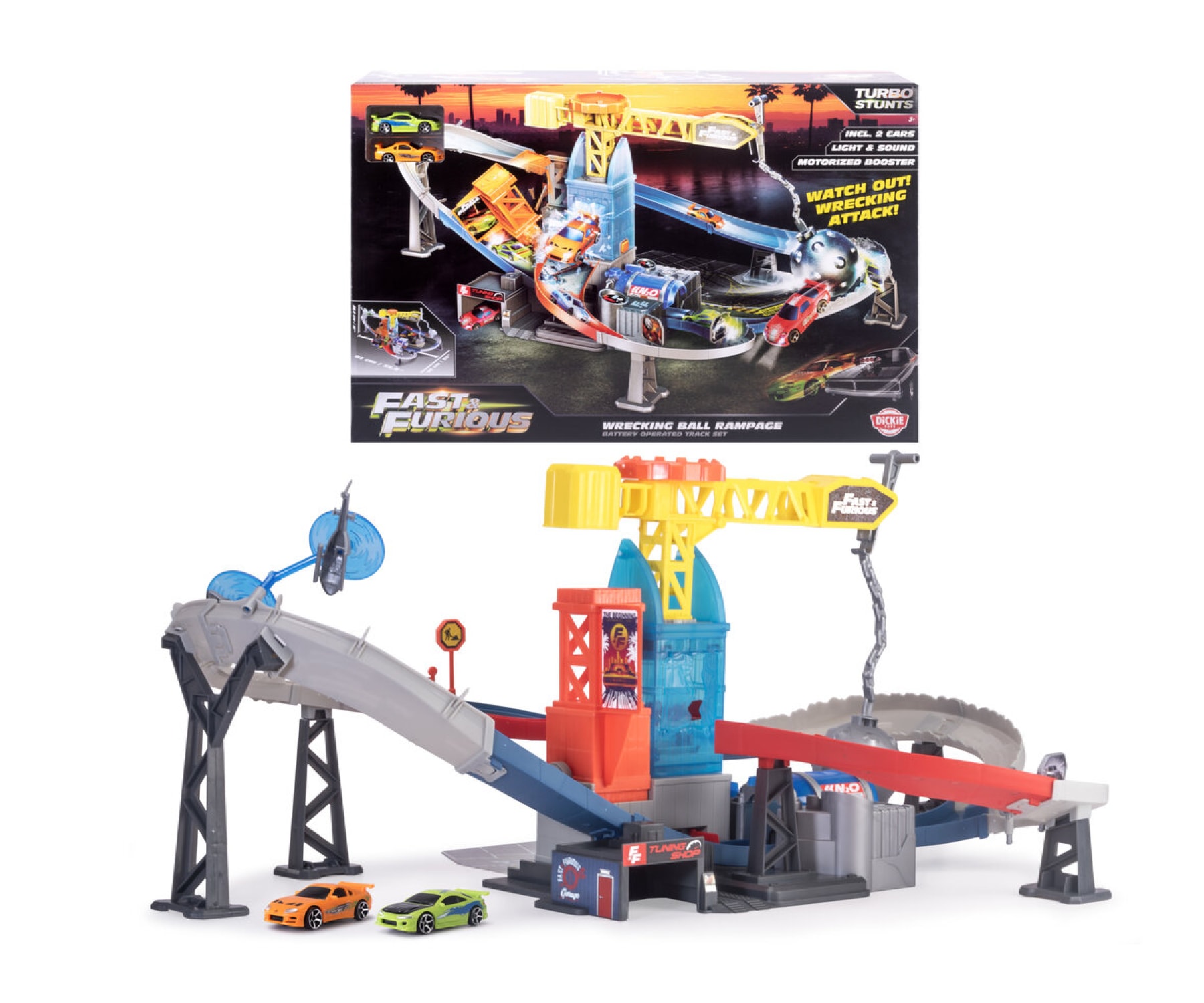 "Autorennbahn DICKIE TOYS ""Fast & Furious Wrecking Ball Rampage"", bunt, Autorennbahnen, KinderB:57,5cm H:13,5cm T:37,5cm, Kunststoff, mit Licht und