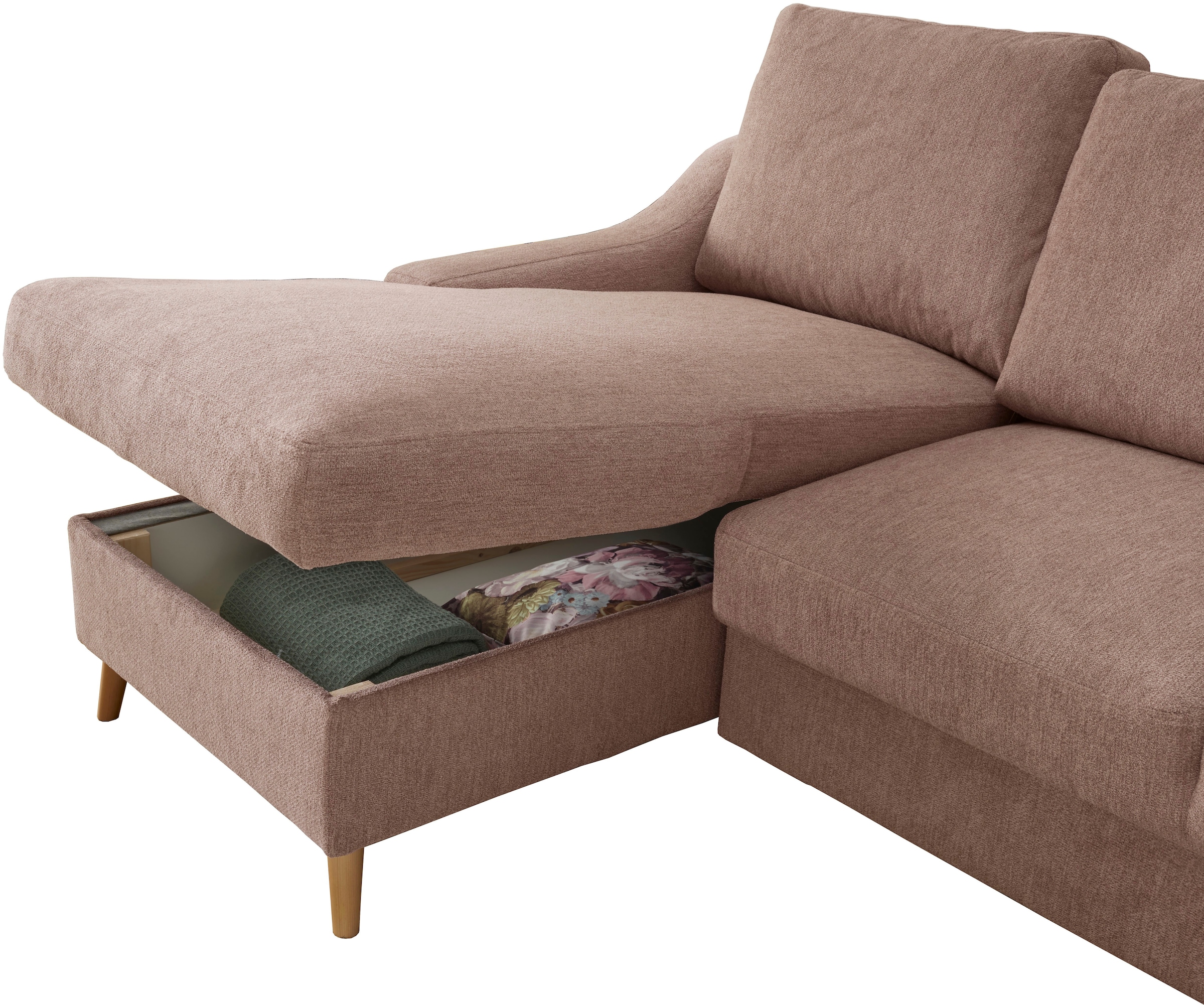 INOSIGN Ecksofa »Valentina L-Form«, 2 Zierkissen, mit Seitentasche, ausziehbarer Liegefläche, Bettkasten