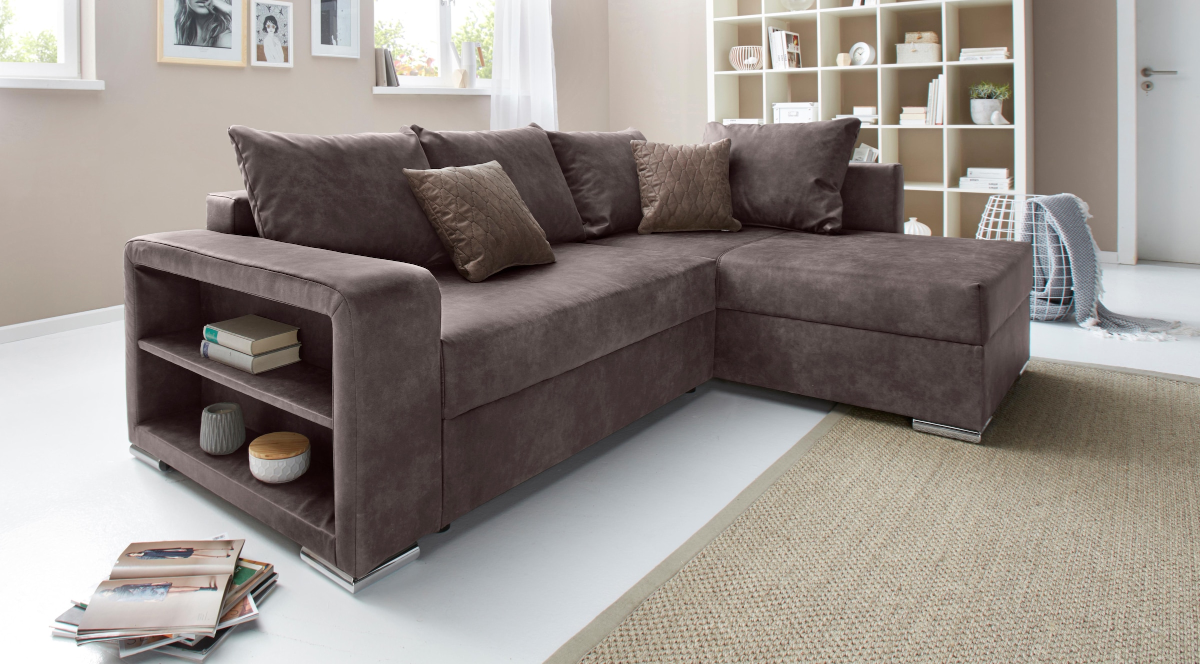 COLLECTION AB Ecksofa "John L-Form, B: 226 cm" Schlaffunktion, Bettkasten, Regalelement & 2 Zierkissen, Federkern
