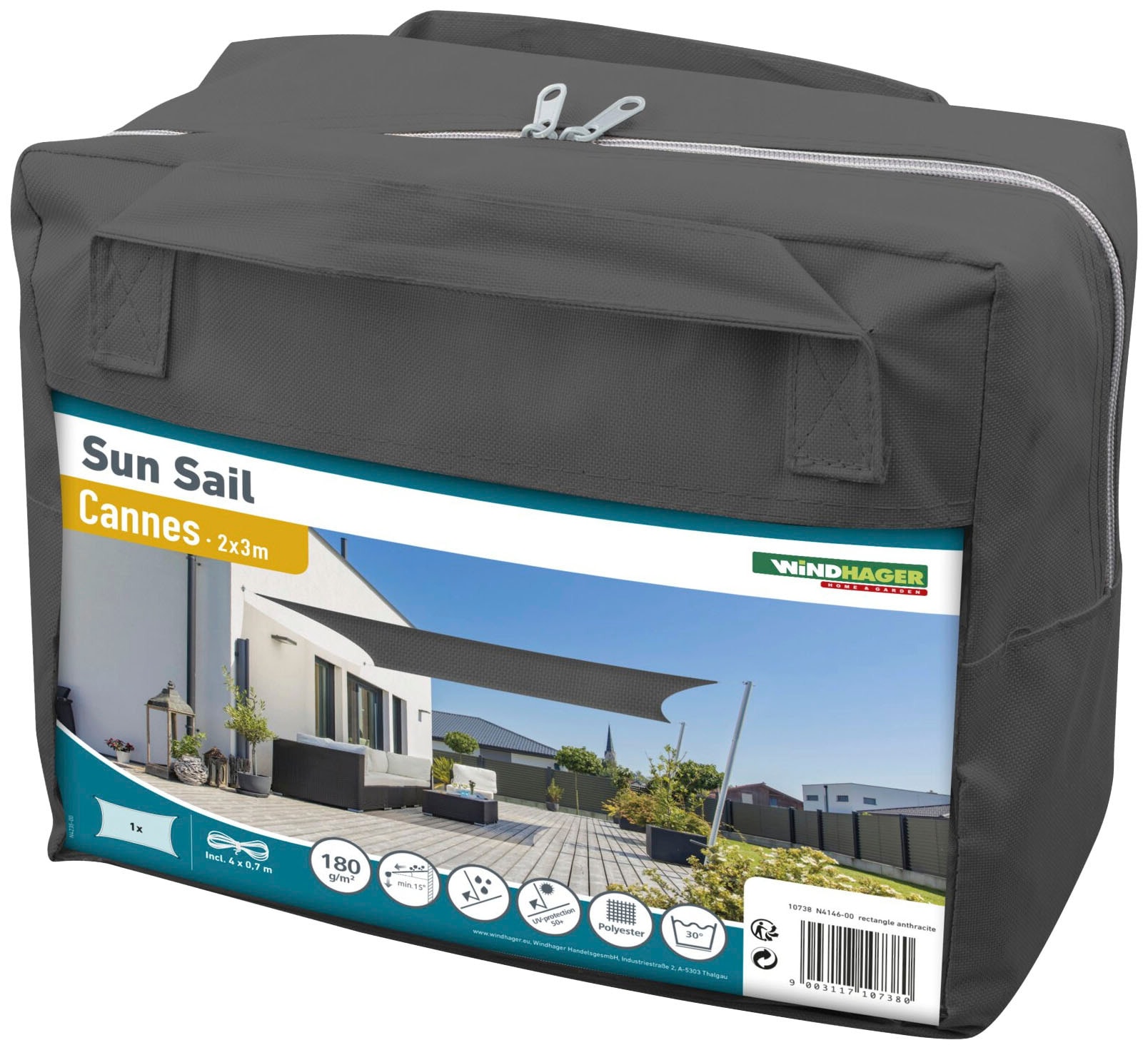 Windhager Sonnensegel »Cannes Rechteck«, 2x3m, anthrazit