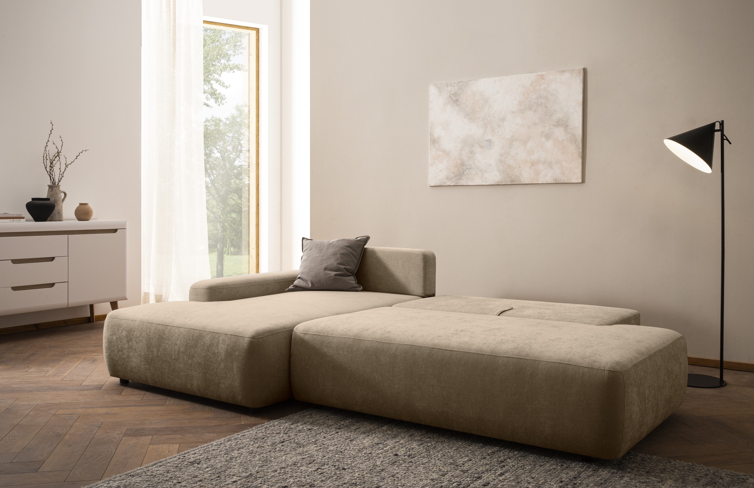 INOSIGN Ecksofa »TORGE, Schlafsofa Cord, Samtvelours u. Strukur fein, Couch in L-Form«, Schlaffunktion und Bettkasten, Liegefläche: 210x125 cm, neues Design