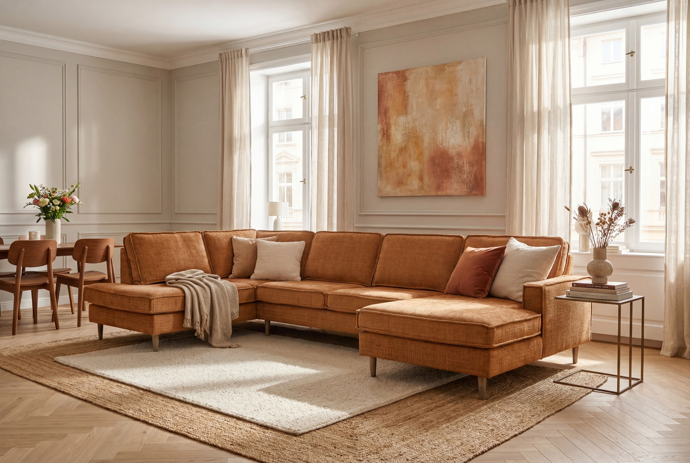 OTTO home Wohnlandschaft "Pinto Skandi, 350 cm, U-Form, XXL, mit Ottomanen" mit Keder, Massivholzfüße Eiche geräuchert, Wellenunterfederung