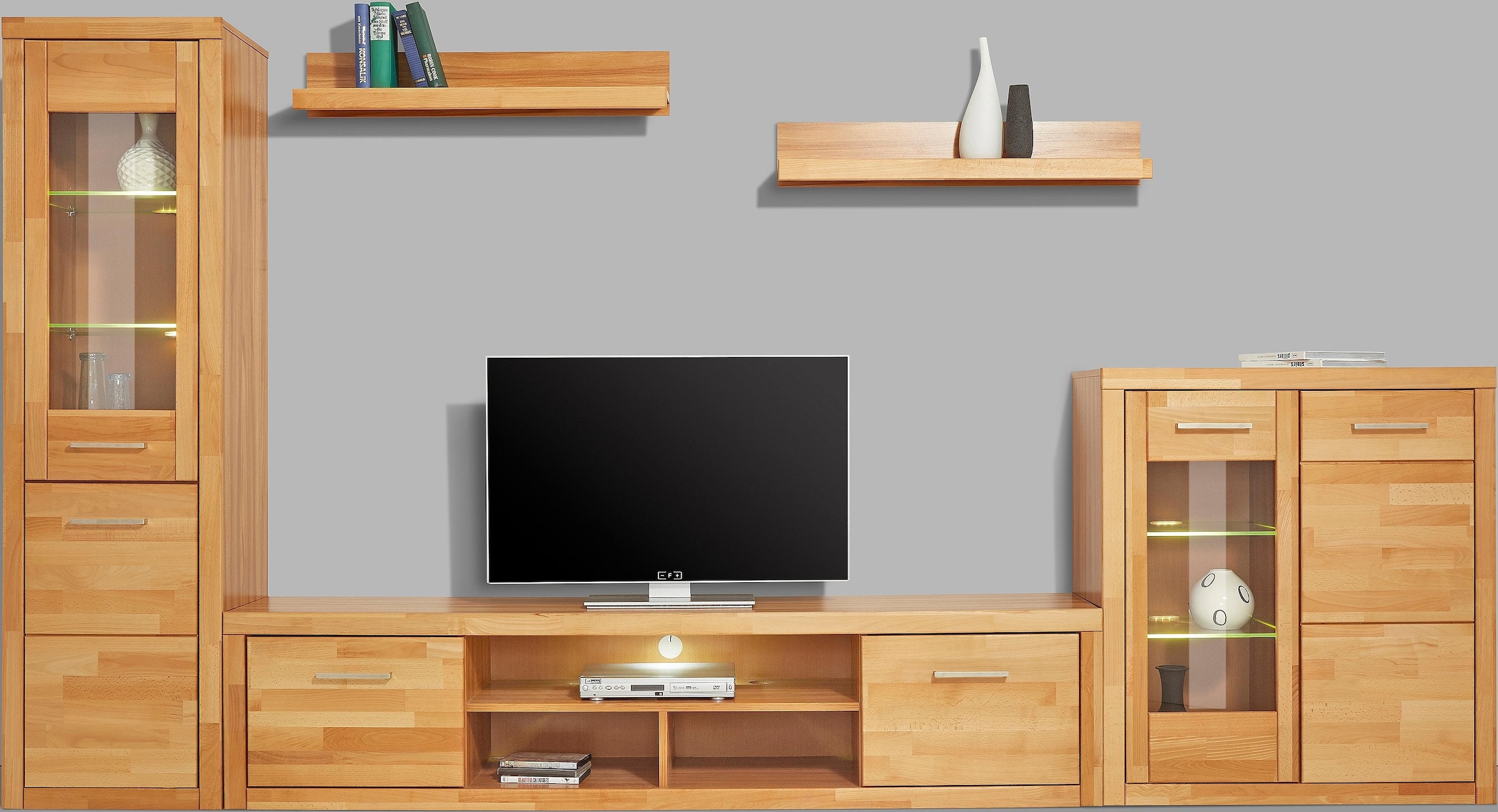 Home affaire Wohnwand »Logo,Fronten Massivholz,Korpus Holzwekstoff,Böden versetzbar«, (Set, 5 St.), Türanschlag hohe Vitrine wechselbar,bei TV Teil Kabeldurchführung