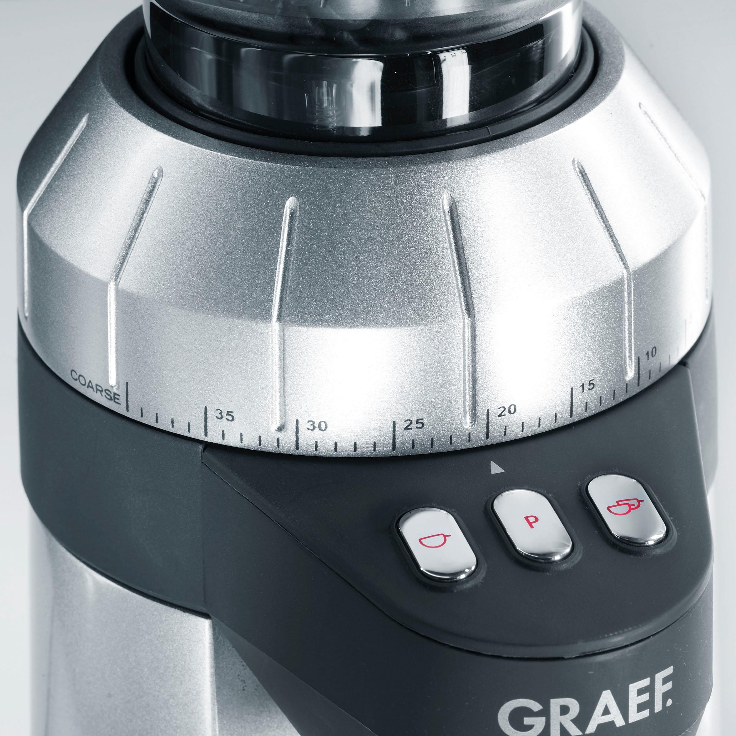 Graef Kaffeemühle »Kaffeemühle CM 900«, 128 W, Kegelmahlwerk, 350 g Bohnenbehälter, mit automatischer Dosierung, Aluminium Schaufelrad