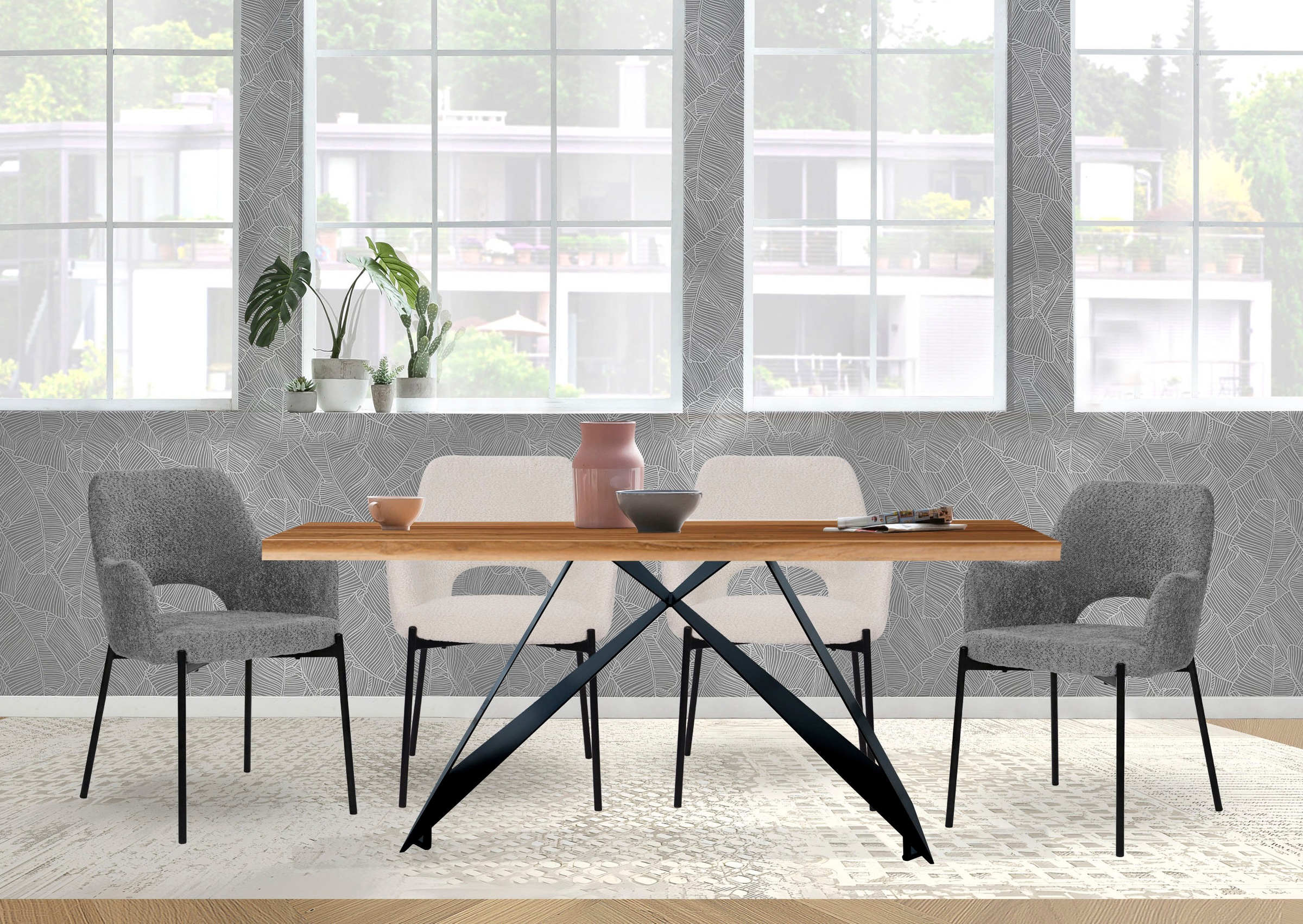 Esstisch SIT, natur, schwarz, schwarz, natur, B:240cm H:76,4cm T:100cm, Teak, Metall (Eisen), Tische, Esstisch, Cross Base Gestell 3