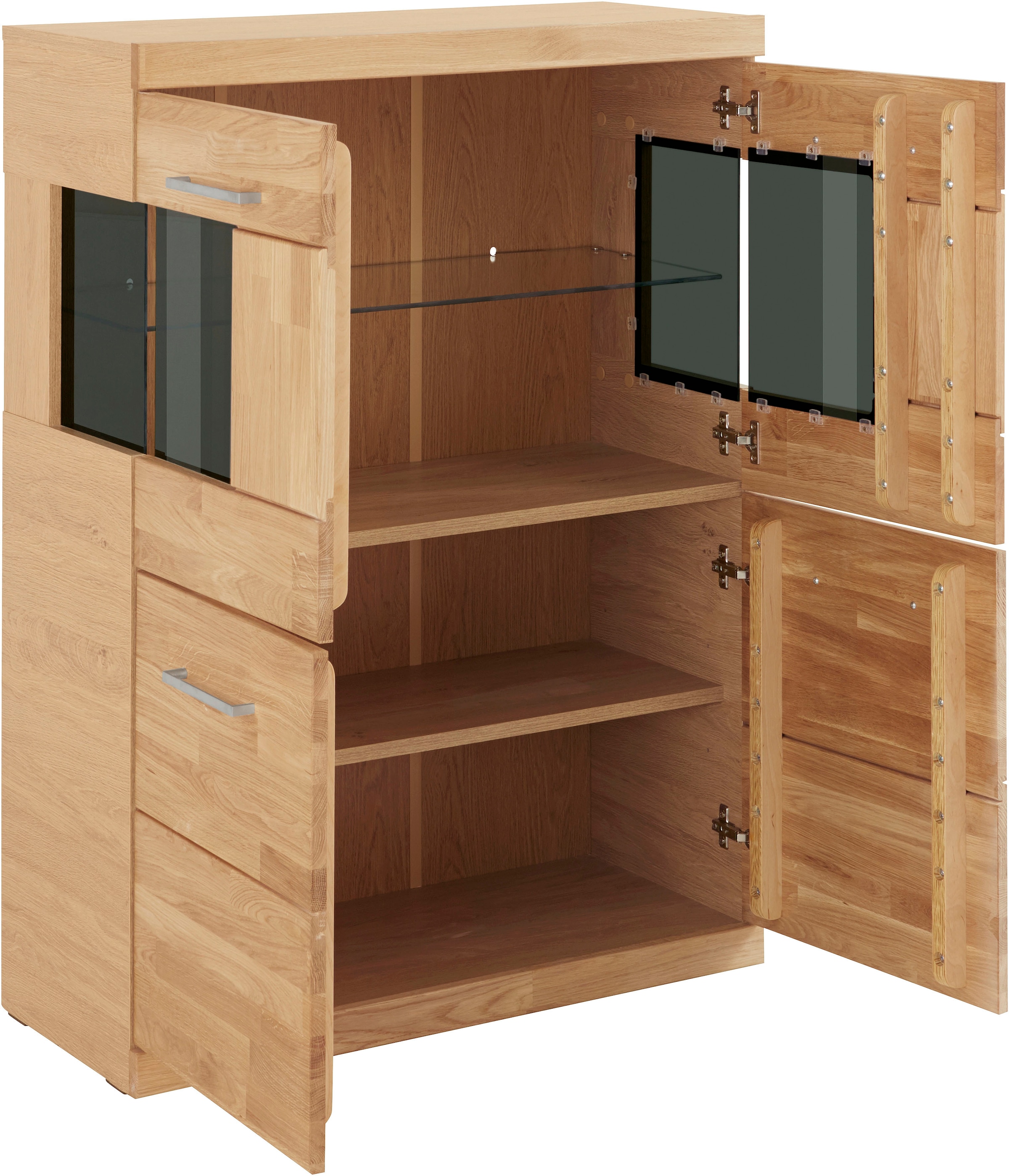 Home affaire Highboard »Ribe,85cm breit,115cm hoch, Fronten Massivholz,4 breite Fächer«, Korpus Holzwerkstoff,2Türen mit Glaseinsatz, Böden versetzbar