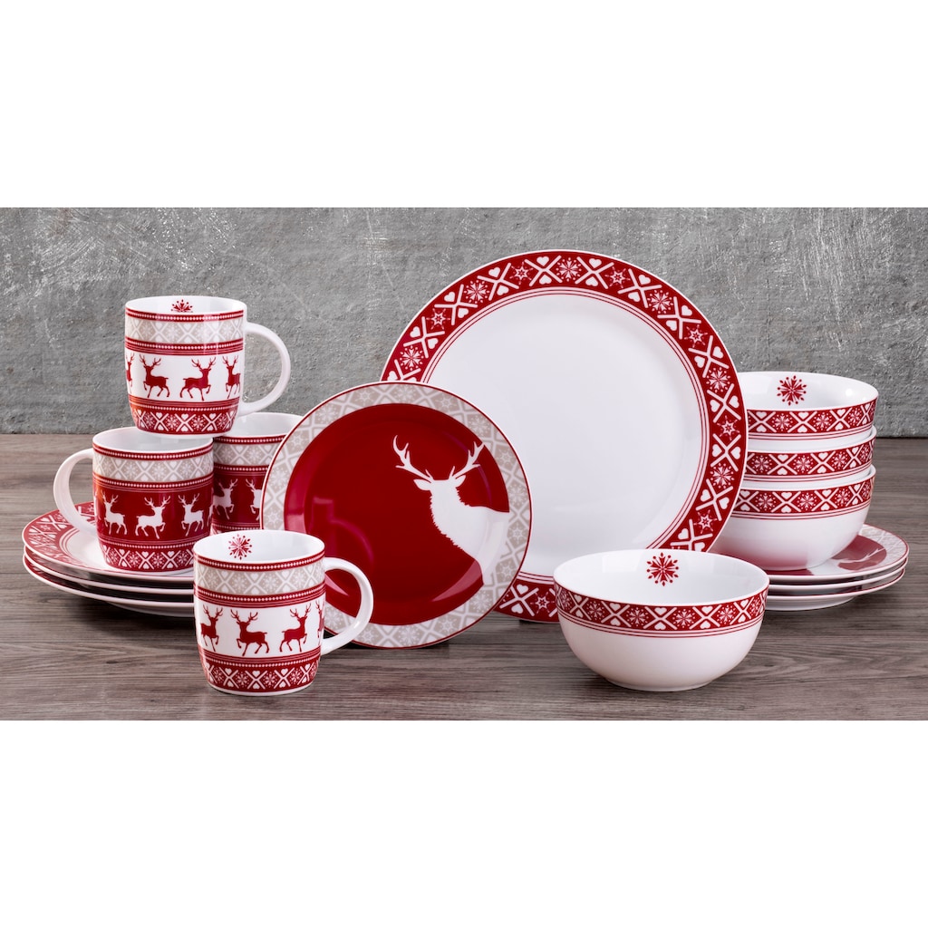 Retsch Arzberg Kombiservice »Geschirr-Set, Service Nordic Reindeer, Winter, Advent, Weihnachten«, (Set, 16 tlg.), Rentier-Design, 16 Teile, für 4 Personen