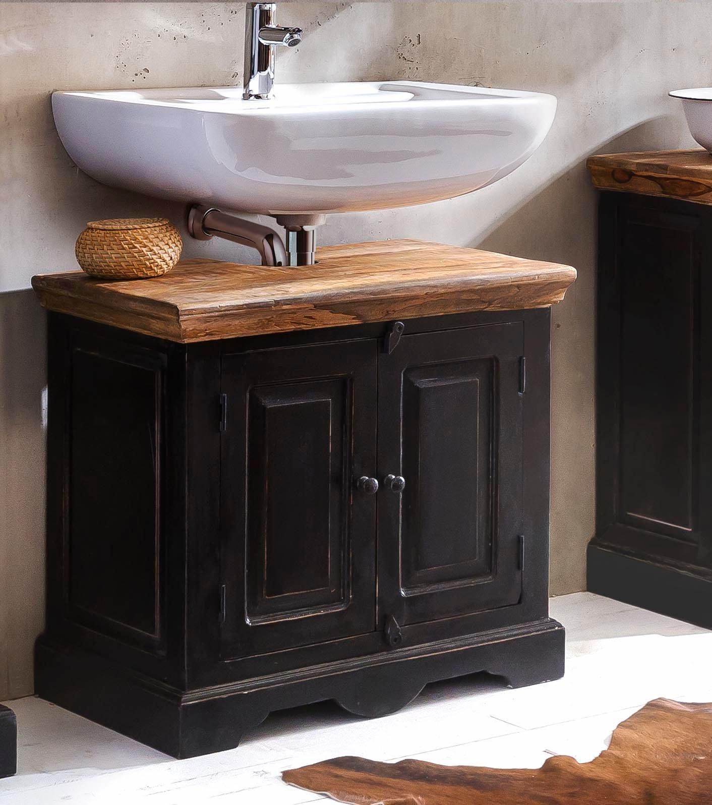 SIT Waschbeckenunterschrank "Wellington mit 2 Türen & honigfarbiger Deckplatte im Vintage-Design" Mit Siphonausschnitt für die passgenaue Nutzung im Bad