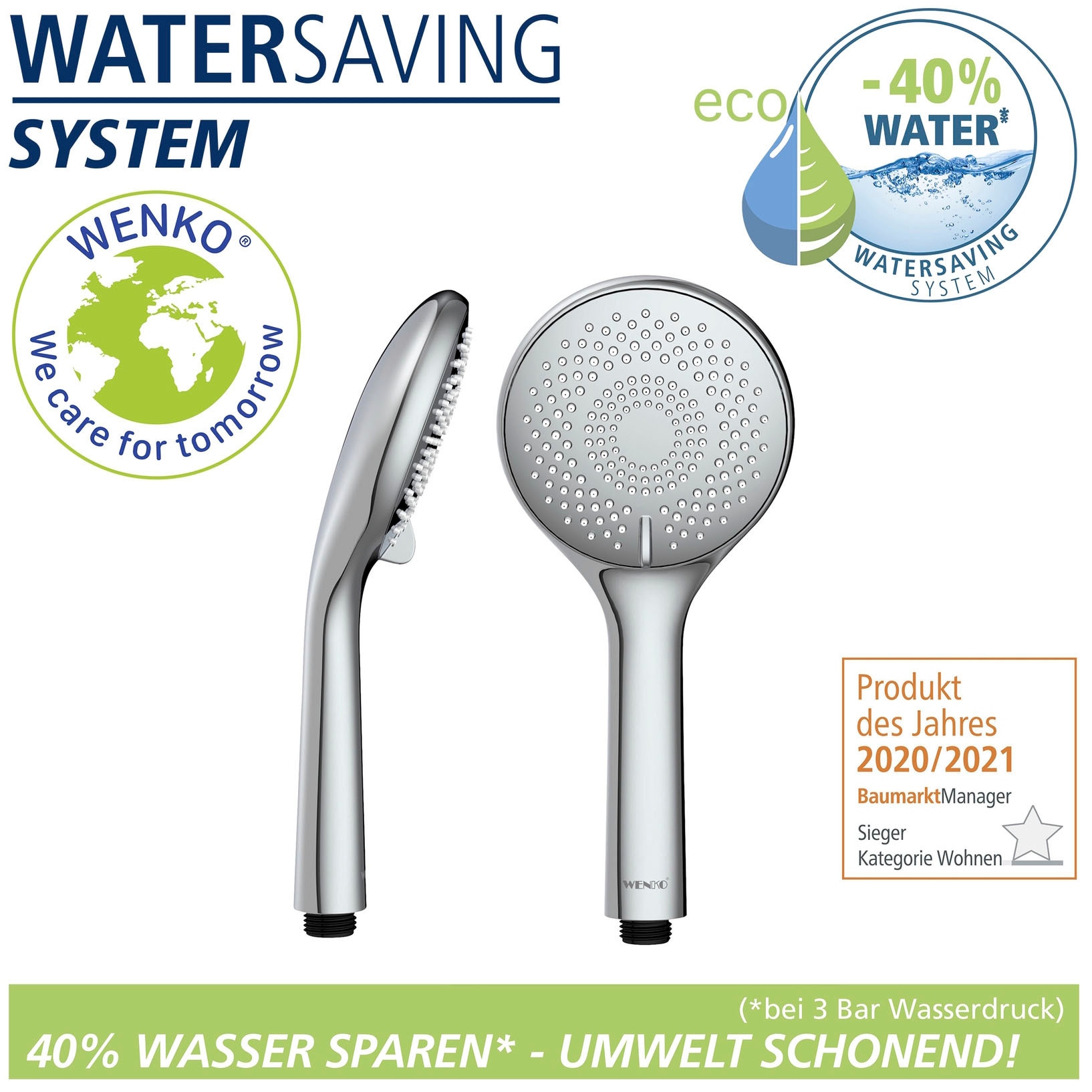 WENKO Handbrause »Watersaving System«, Duschkopf Watersaving Chrom, Durchmesser 11 cm