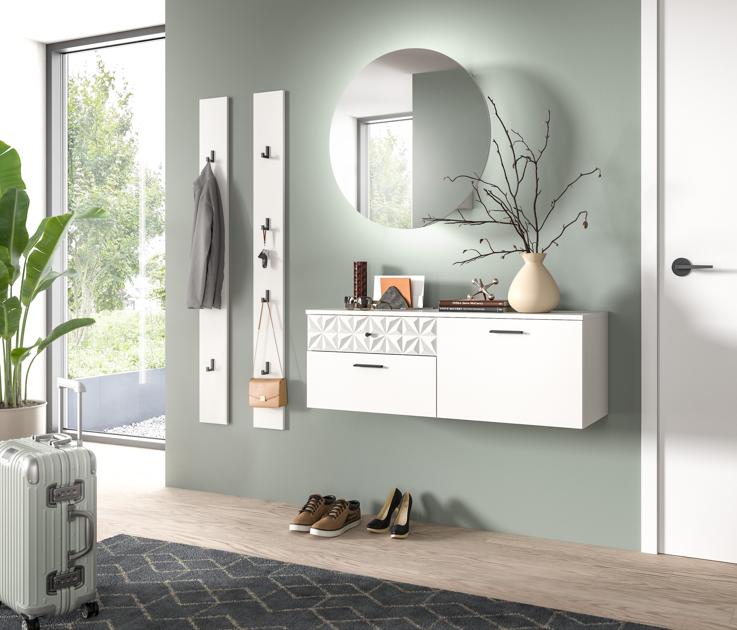 INOSIGN Schuhschrank »VICENZA, hängend, 2 Schubkästen, 1 Klappe, 2 Fächer, Ornamentabsetzung«, Hängeschrank, Flurschrank, Dielenschrank, Anrichte, Kommode