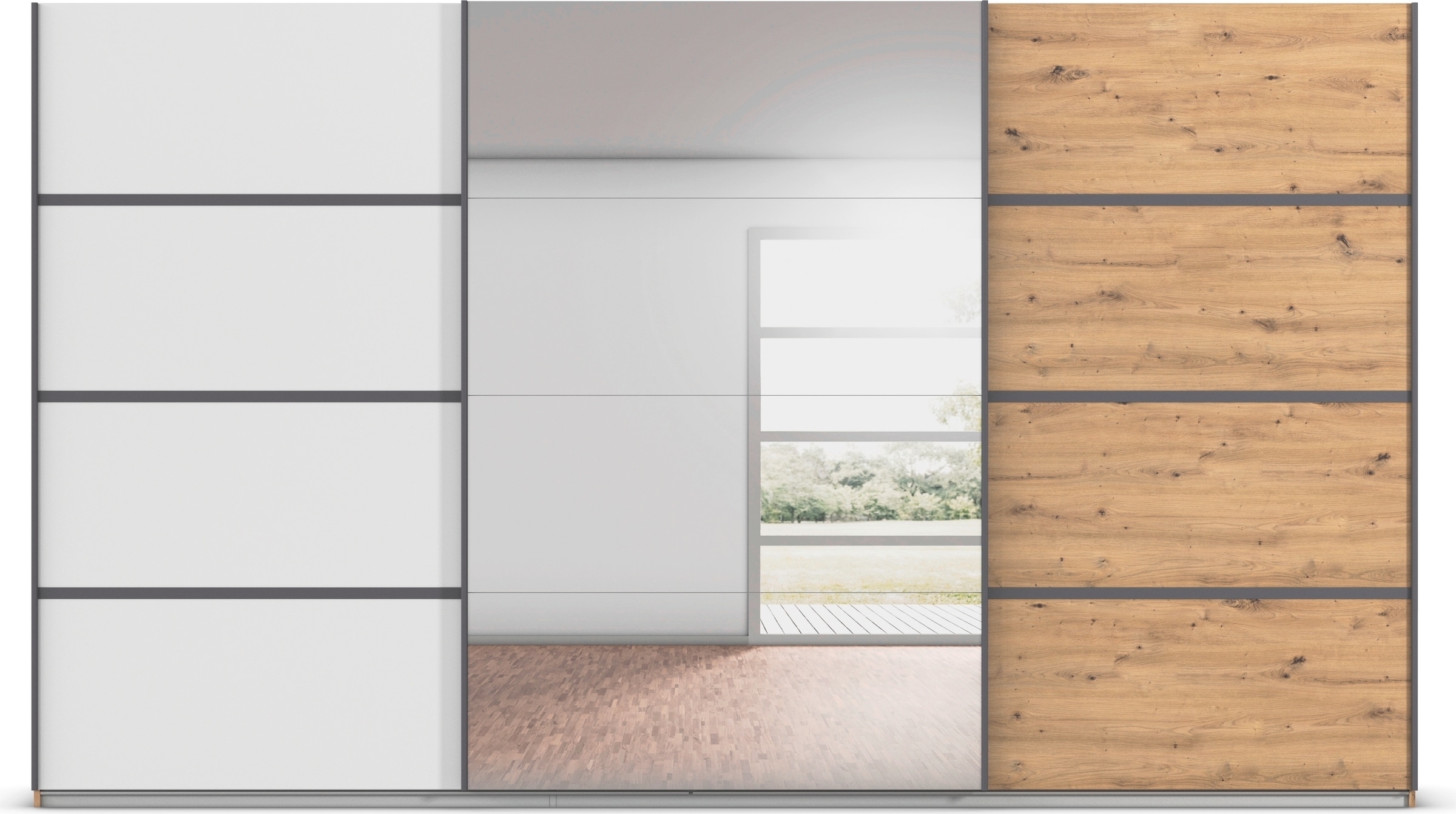rauch Kleiderschrank »Schwebetürenschrank OTTO´s Choice Garderobe Schrank TOP ANGEBOT Avola«, (in 3 verschiedenen Ausstattungen BASIC/CLASSIC/PREMIUM inkl. Spiegel), mit eleganten Zierleisten in Chrom, Schwarz oder Weiß MADE IN GERMANY