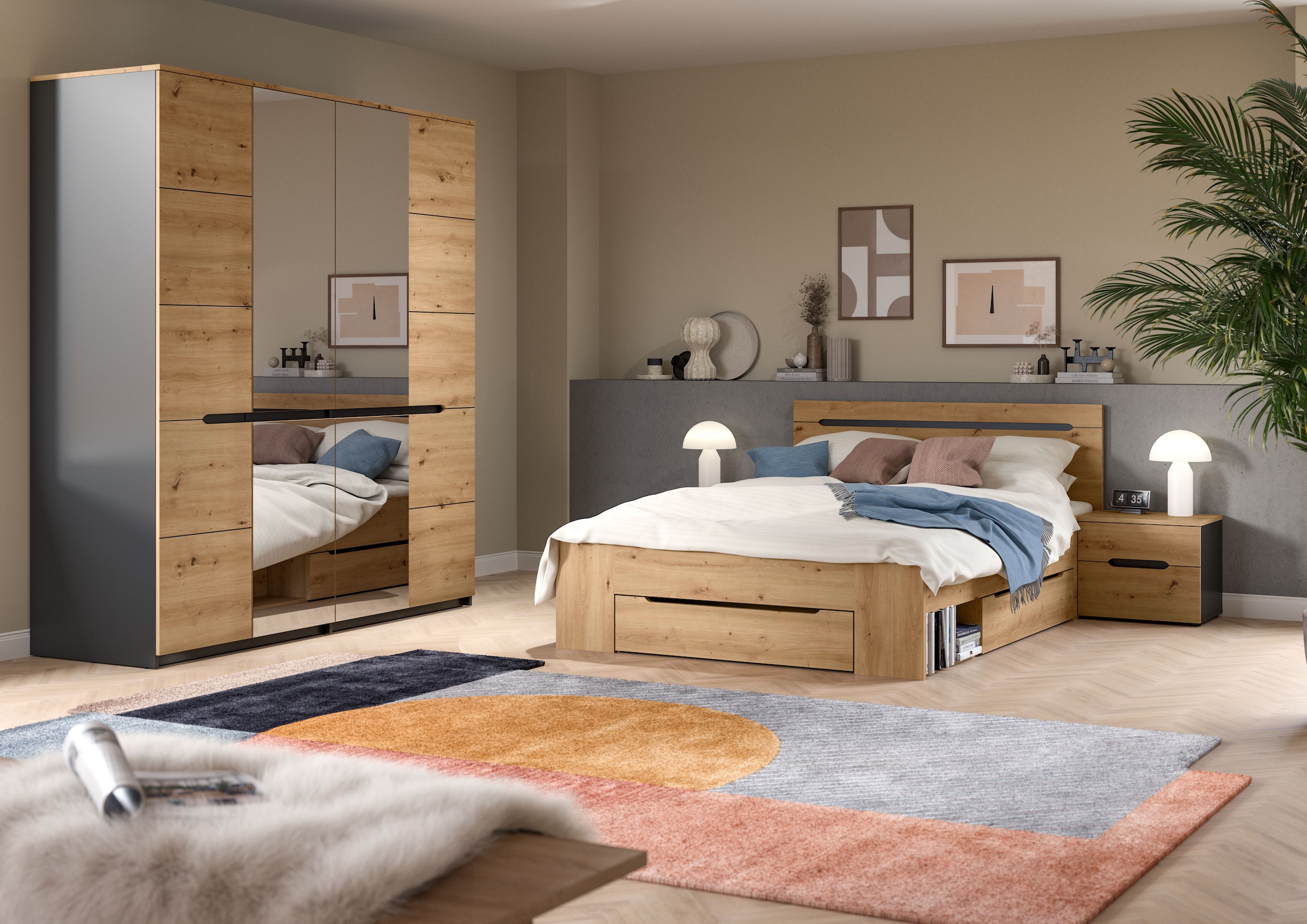 Home affaire Schlafzimmer-Set "REHAT, 4-teilig, best. aus: Bett, Kleiderschrank & 2x Nachtkommode" TOPSELLER, für Matratzengröße 140x200 cm, viel Stauraum