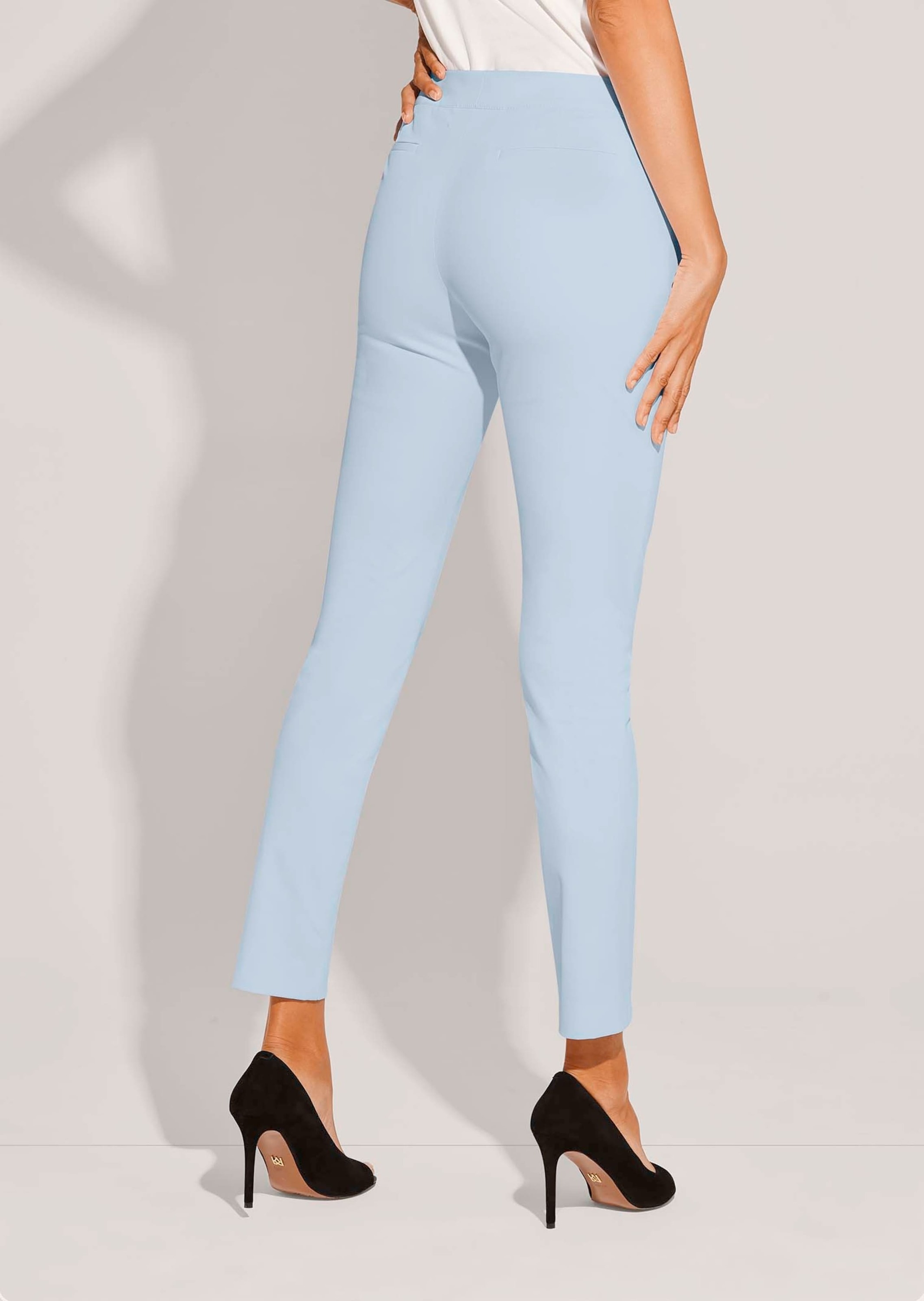 Stoffhose MADELEINE "Hose Schlanke Stretch-Hose mit Vichy-Karo", Damen, Gr. 34, N + K Gr, blau (bleu), Obermaterial: 74% Viskose CV. 23% Polyamid PA. 3% Elasthan EL., Hosen Stoffhose 3