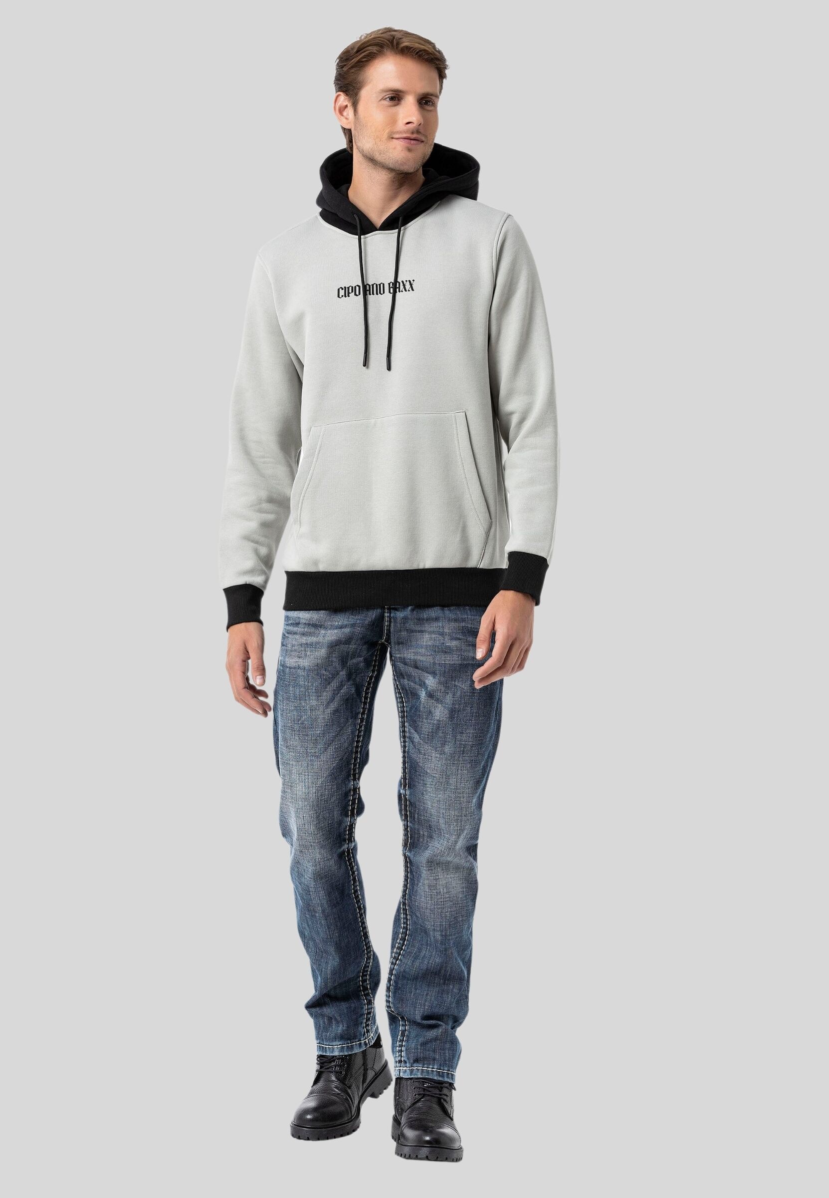 Kapuzenpullover CIPO & BAXX "Sweatshirts", Herren, Gr. S, grau, 70% Baumwolle, 30% Polyester, regular fit, Pullover Kapuzenpullover, im Kontrast-Look