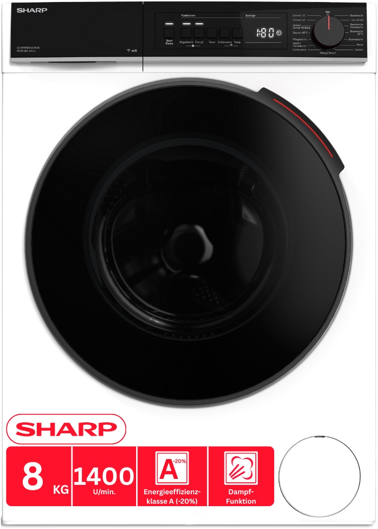 Sharp Waschmaschine »ES-WNFB814CWDA-DE« 8 kg 1400 U/min 20 % unter dem Grenzwert der Energieeffizienzklasse A