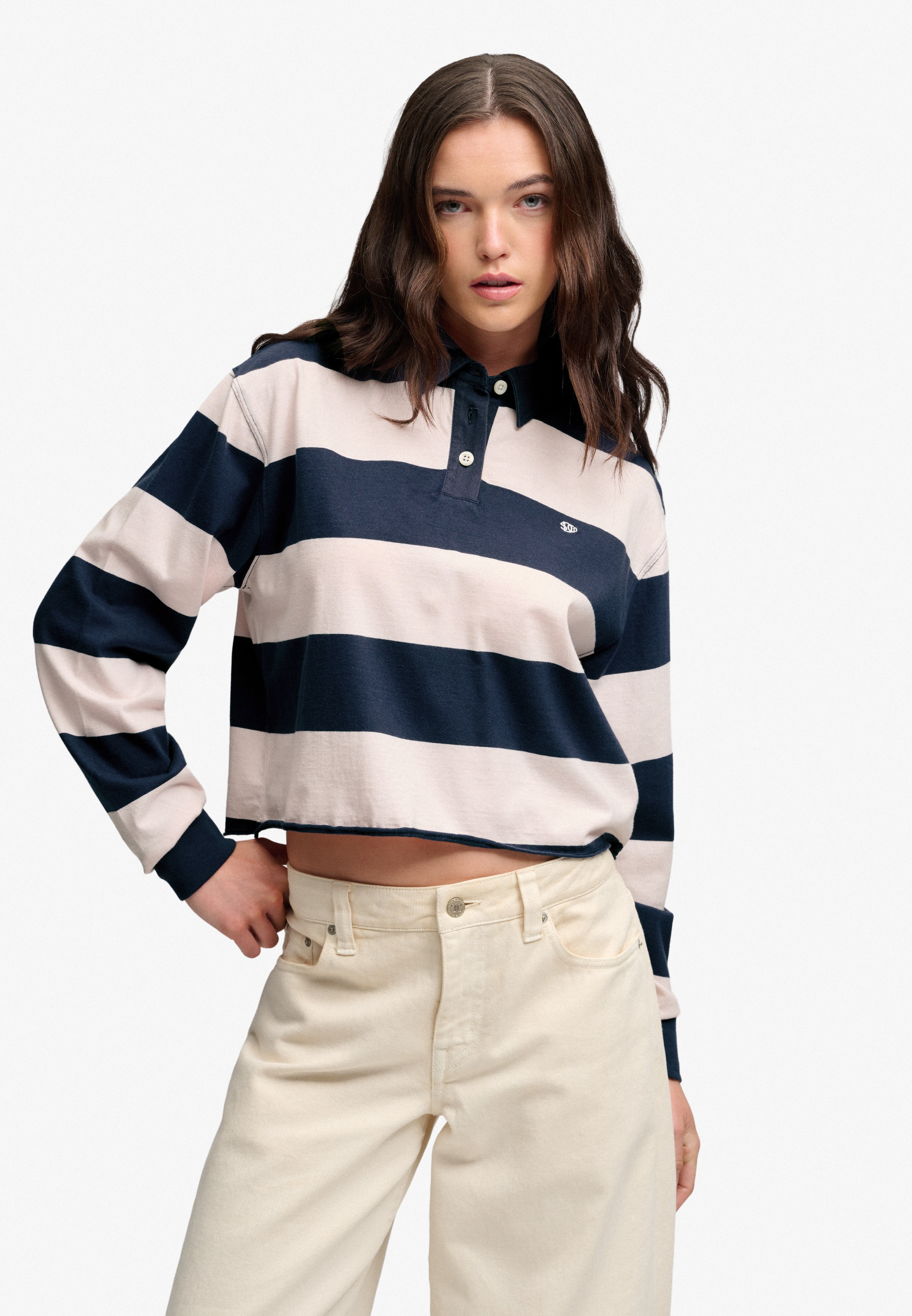 Superdry Langarm-Poloshirt "ATH ESS CROPPED STRIPE RUGBY" Baumwolle, oversize, cropped fit