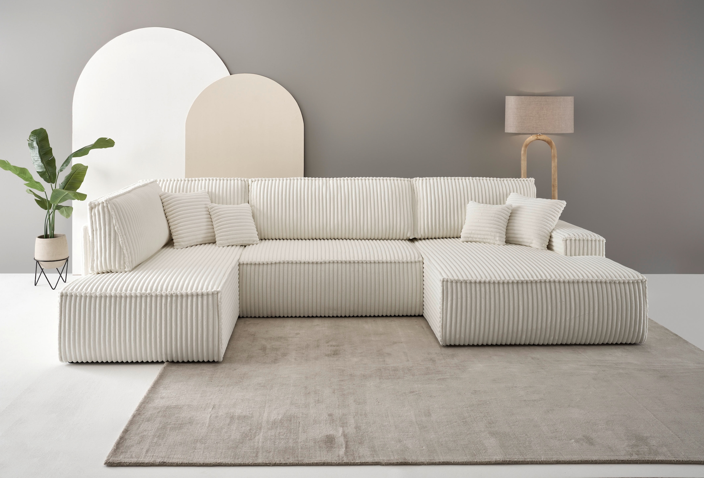 OTTO home Wohnlandschaft "FINNLEY Cord U-Form XXL 329 cm - OTTO. Verlässliche Qualität." Schlafsofa, Bettkasten, in Bouclé, Struktur fein und Mega Cord