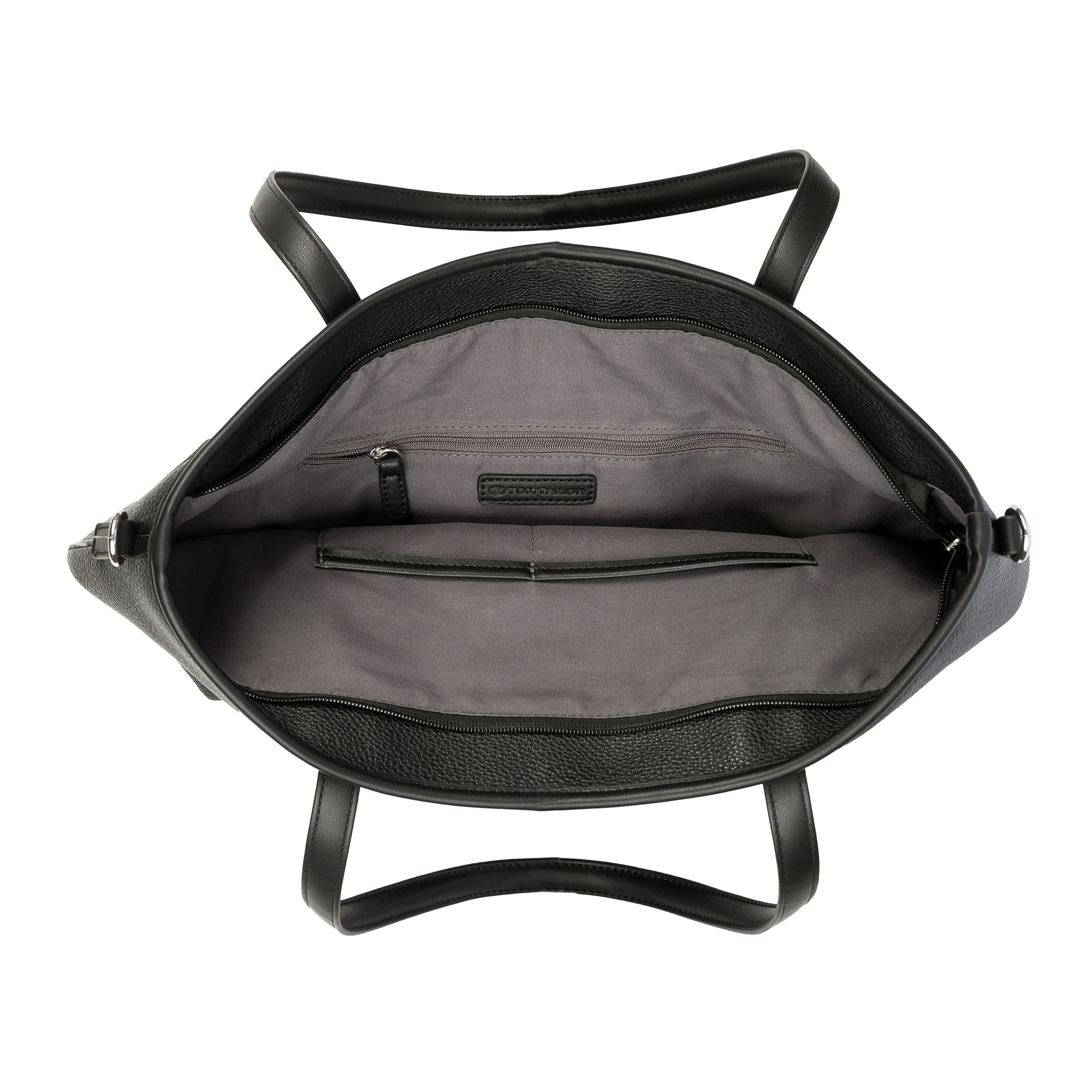 Shopper TOM TAILOR "Jamila", Damen, Gr. B/H/T: 43,5cm x 32cm x 13cm, schwarz, Polyurethan, clean, gepflegt, unifarben, Taschen Shopper, ein Platzwunder mit 2-in1-Funktion aus fein genarbtem Lederimtiat 3