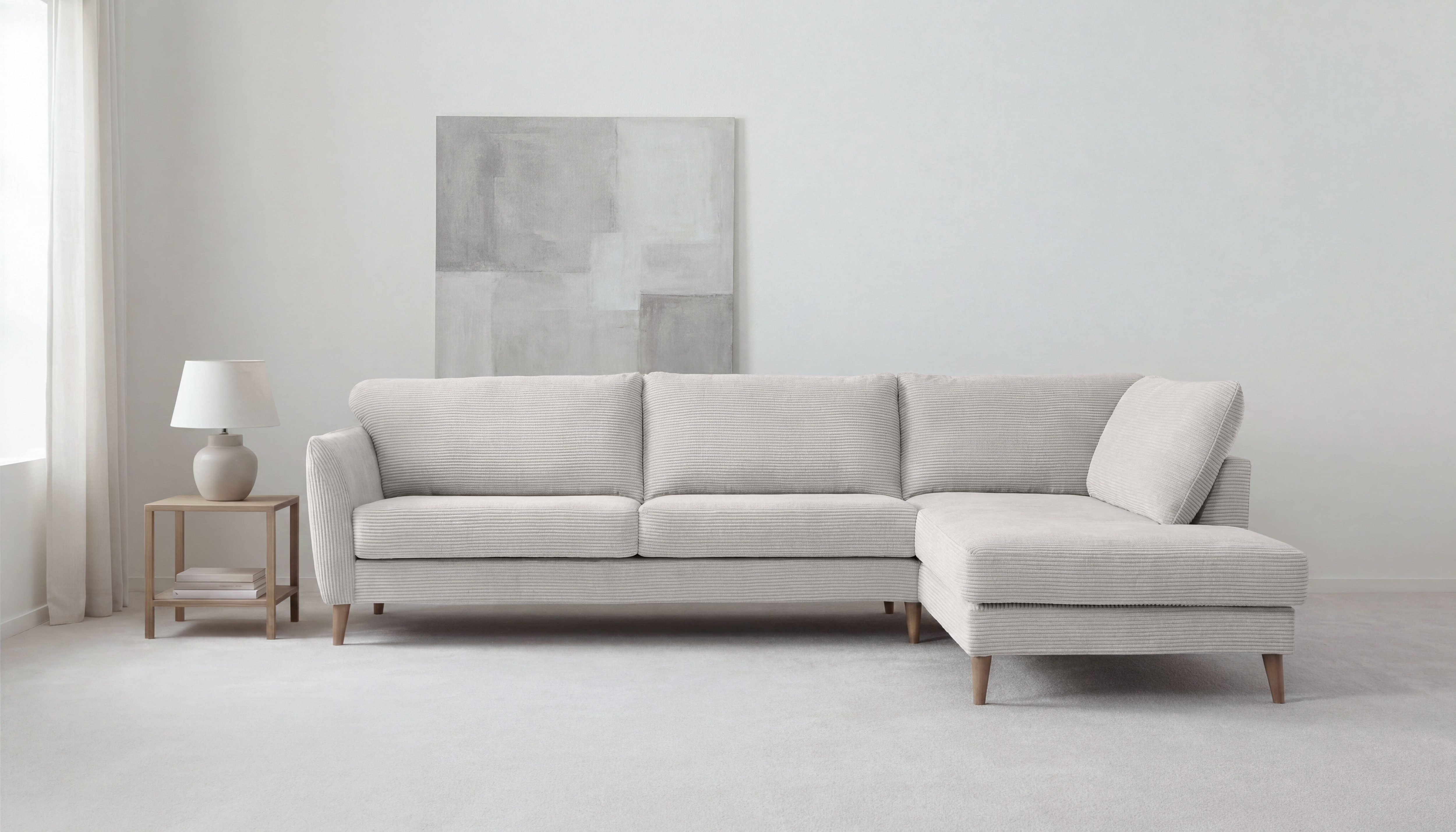 OTTO home Ecksofa "MARSEILLE 278/202 cm, L-Form, Ottom. rechts/links, verschiedene Bezüge" Massivholzbeine Eiche, Landhausstil, Wellenunterfederung