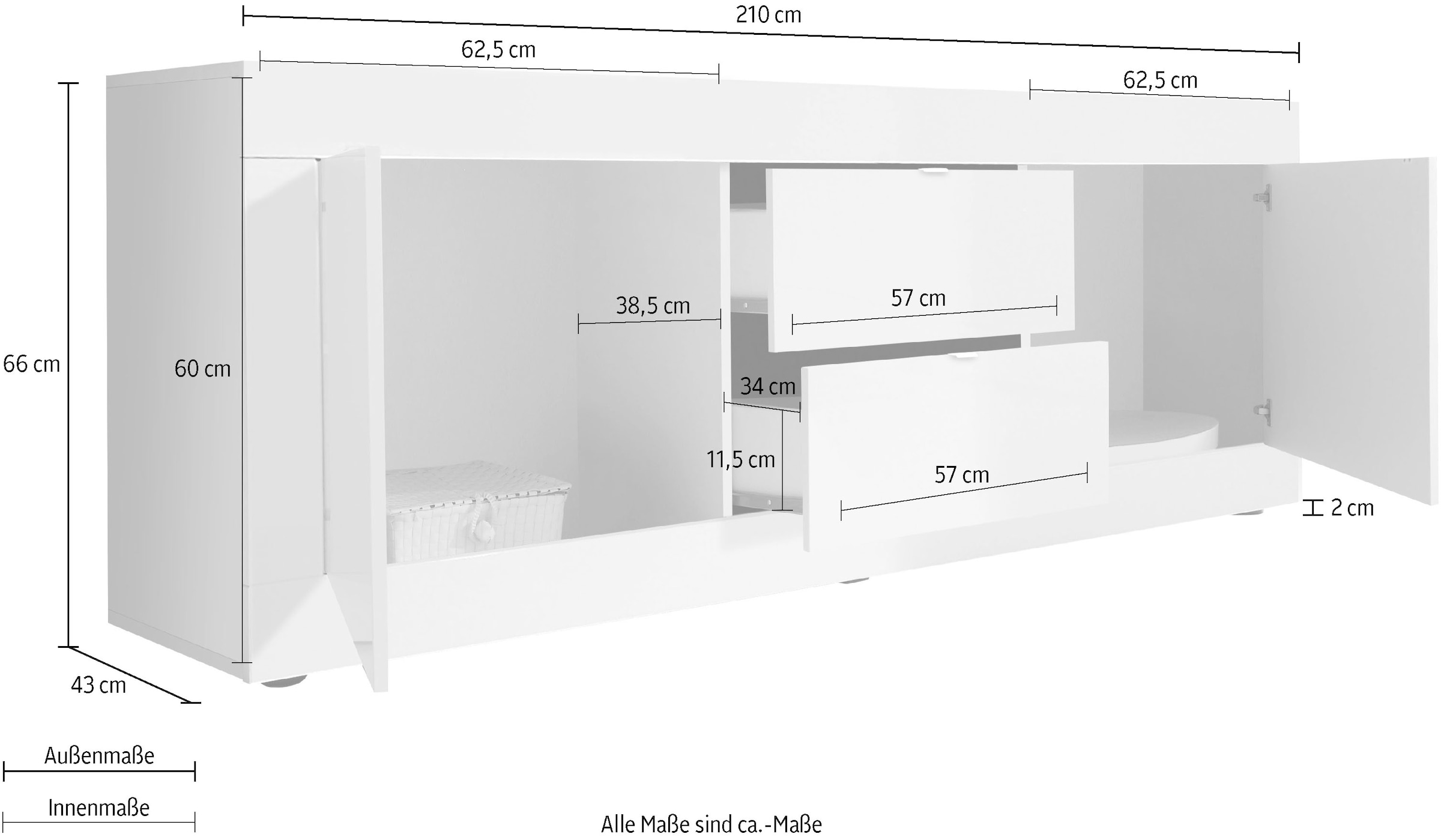 INOSIGN Lowboard »Basic Breite 210 cm, TV-Board 2 Türen, 2 Schubkästen, TV-Schrank«, Metallgriff, moderne Rahmenoptik, viel Stauraum, Farbauswahl