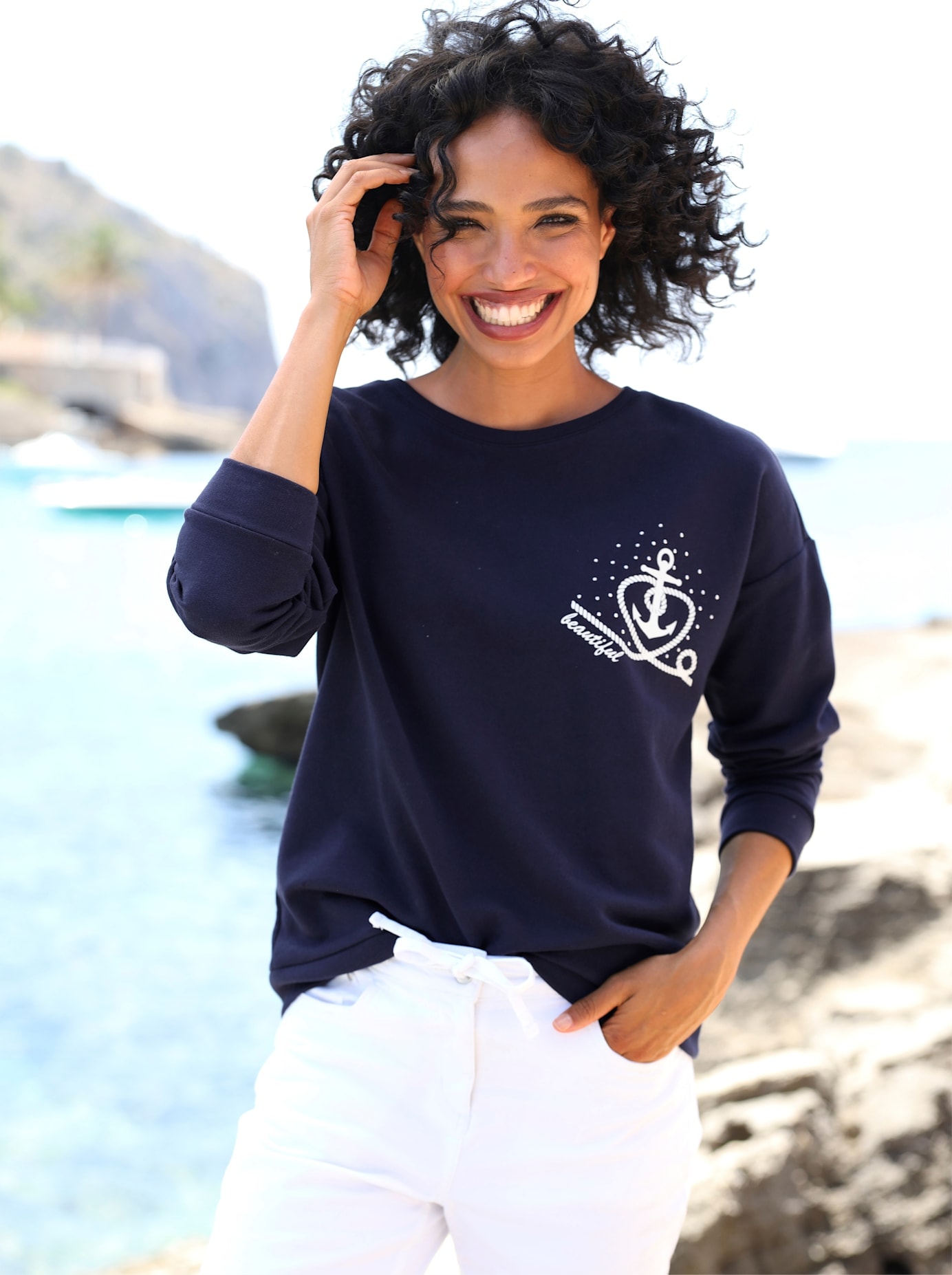 Sweatshirt HEINE, Damen, Gr. 44, marine, 82% Baumwolle, 18% Polyester, bedruckt, gemustert, mehrfarbig, unifarben, Rundhals, Sweatshirts Sweatshirt