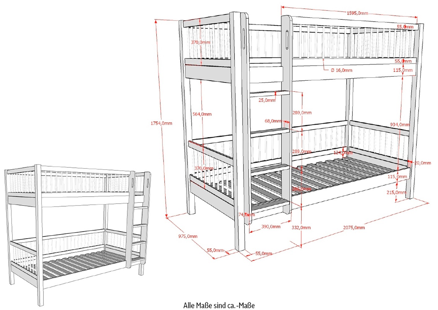 Home affaire Etagenbett »Forrest, rückbaubar zu 2 Einzelbetten, Made in Europe«, (B/H/T ca: 207,5x175,4x104,9 cm, wahlweise aus Eiche oder Buche), stabil und hochwertig gebaut, Ausf. geölt oder weiß