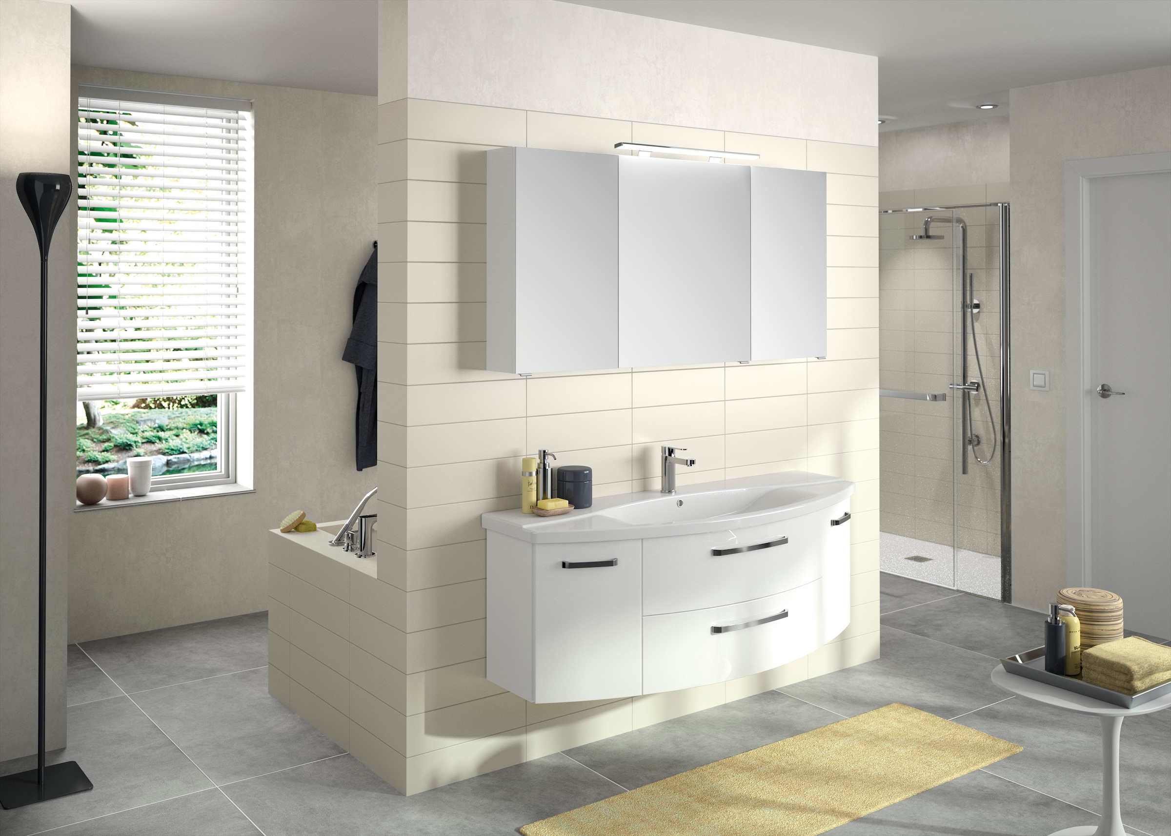 Saphir Badezimmerspiegelschrank »Serie 4010 Badezimmer-Spiegelschrank inkl. LED-Aufsatzleuchte«, Badschrank 120 cm breit, 3 Türen, 6 Glas-Einlegeböden, inkl Türdämpfer