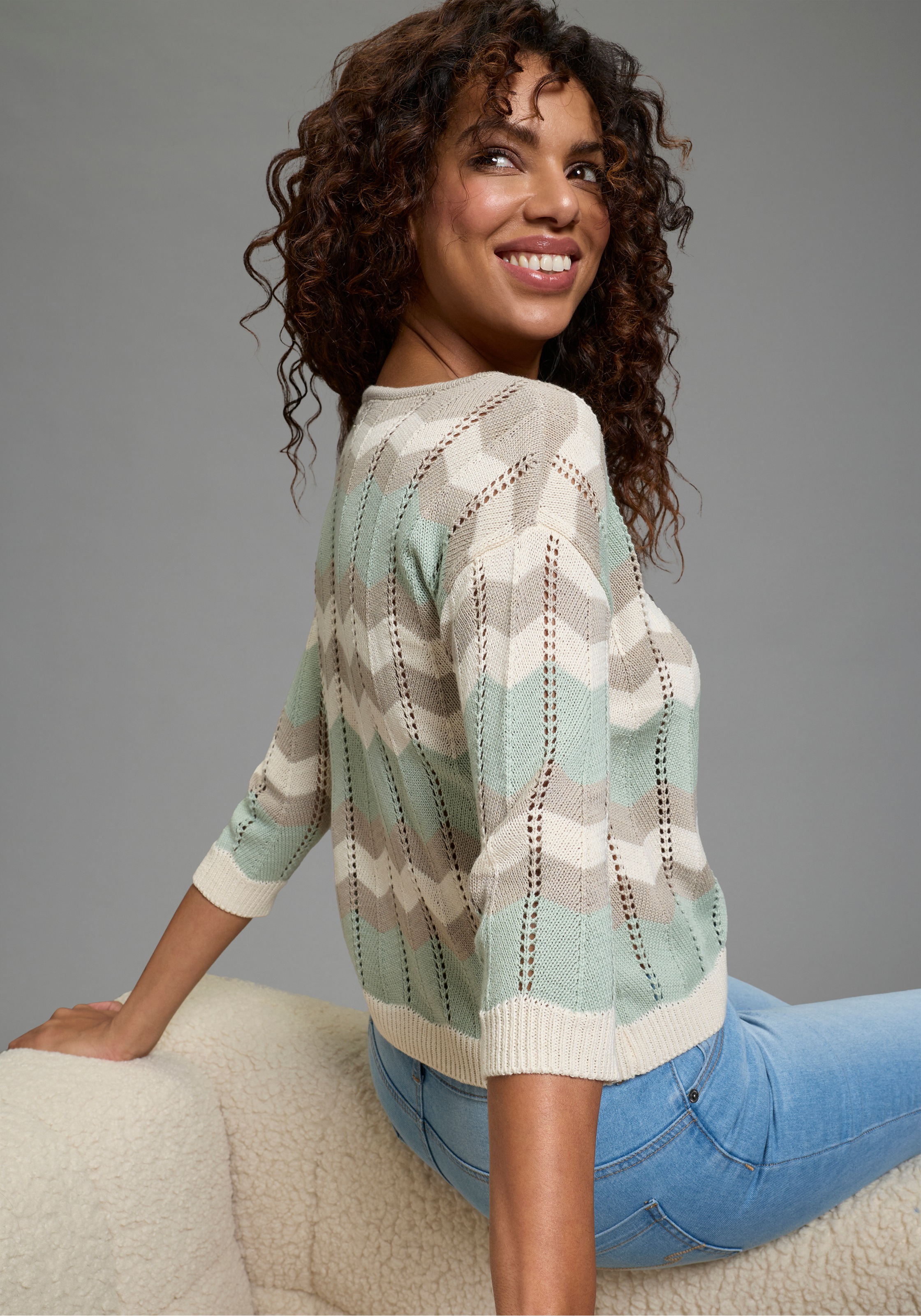 Laura Scott Strickpullover mit Ajourstrickmuster und 3/4 Ärmeln günstig online kaufen