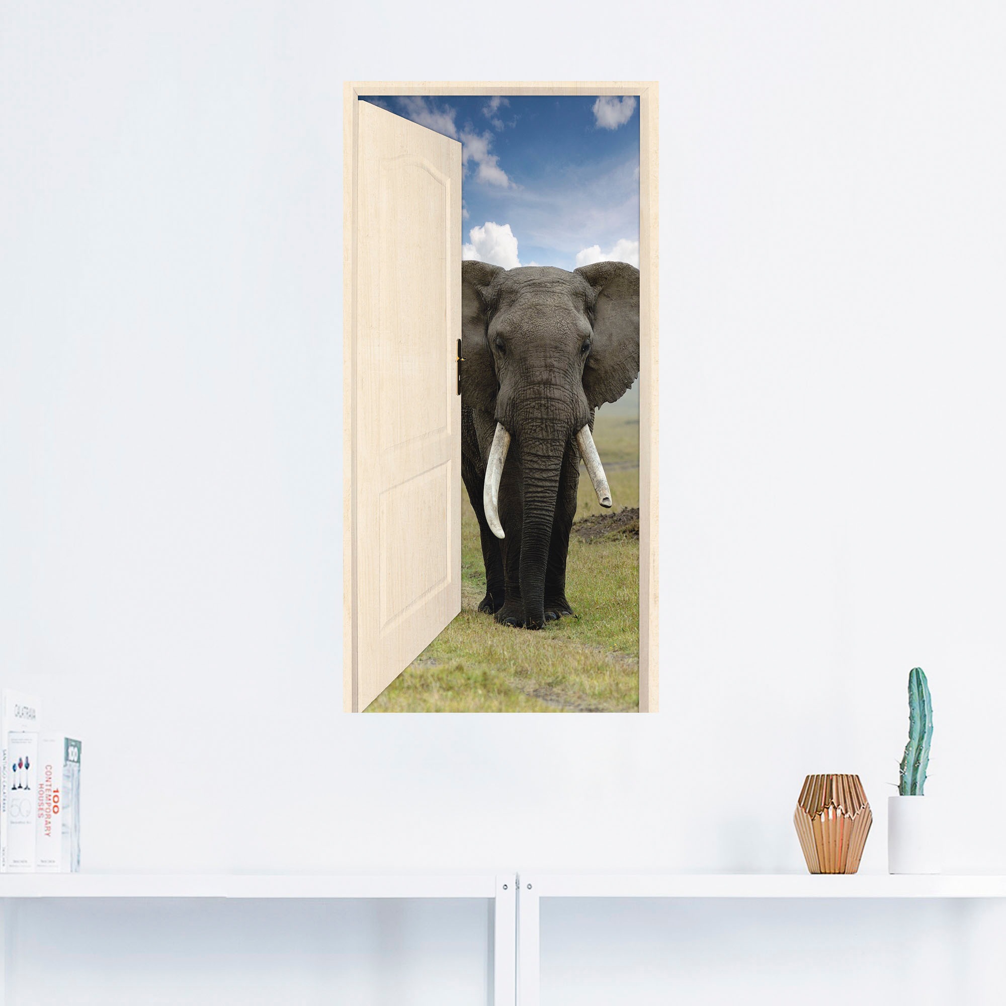 Artland Wandbild "Offene weiße Türe mit Blick auf Elefant", Wildtiere, (1 S günstig online kaufen