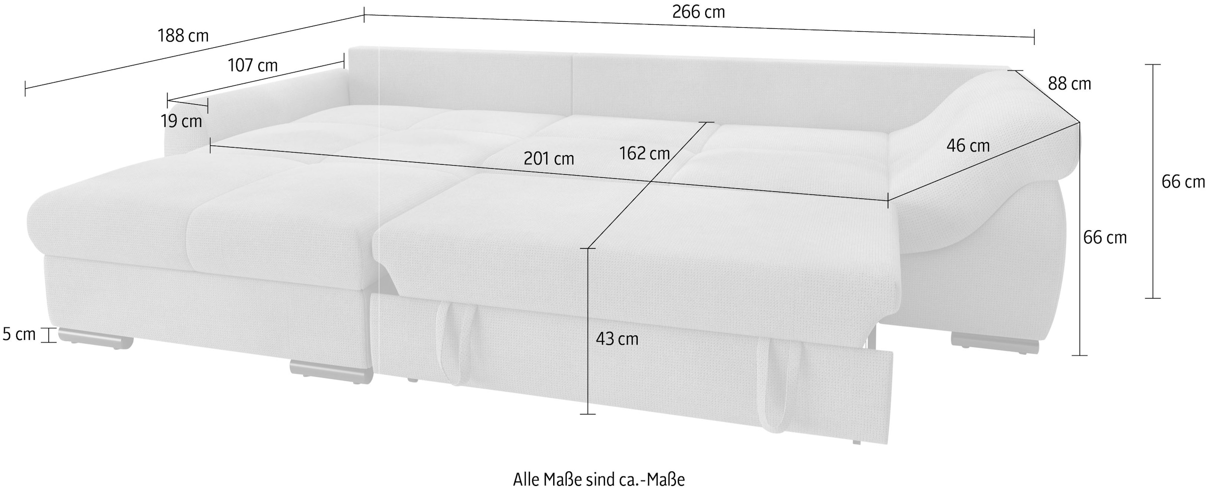 Mr. Couch Ecksofa »Livorno«, inkl. Hochschläfer-Bettauszug, XL-Bettkasten weiß beschichtet