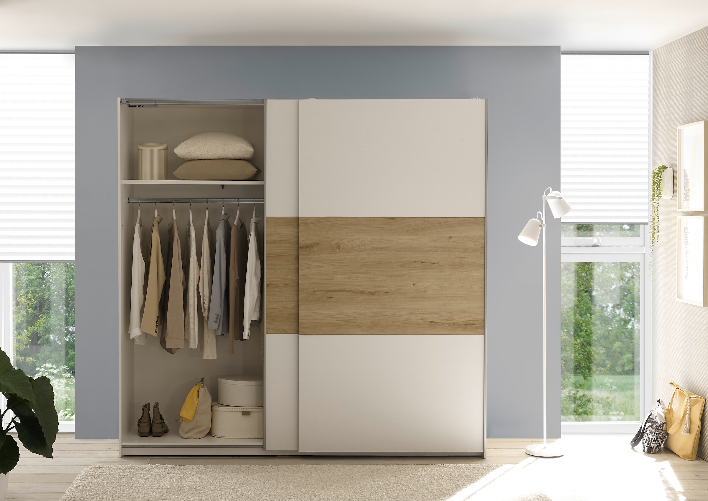 Schlafkontor Schwebetürenschrank »Kiara Kleiderschrank, Schiebetürenschrank, Schrank mit Schiebetüren«, Bauchbinde in farblicher Absetzung