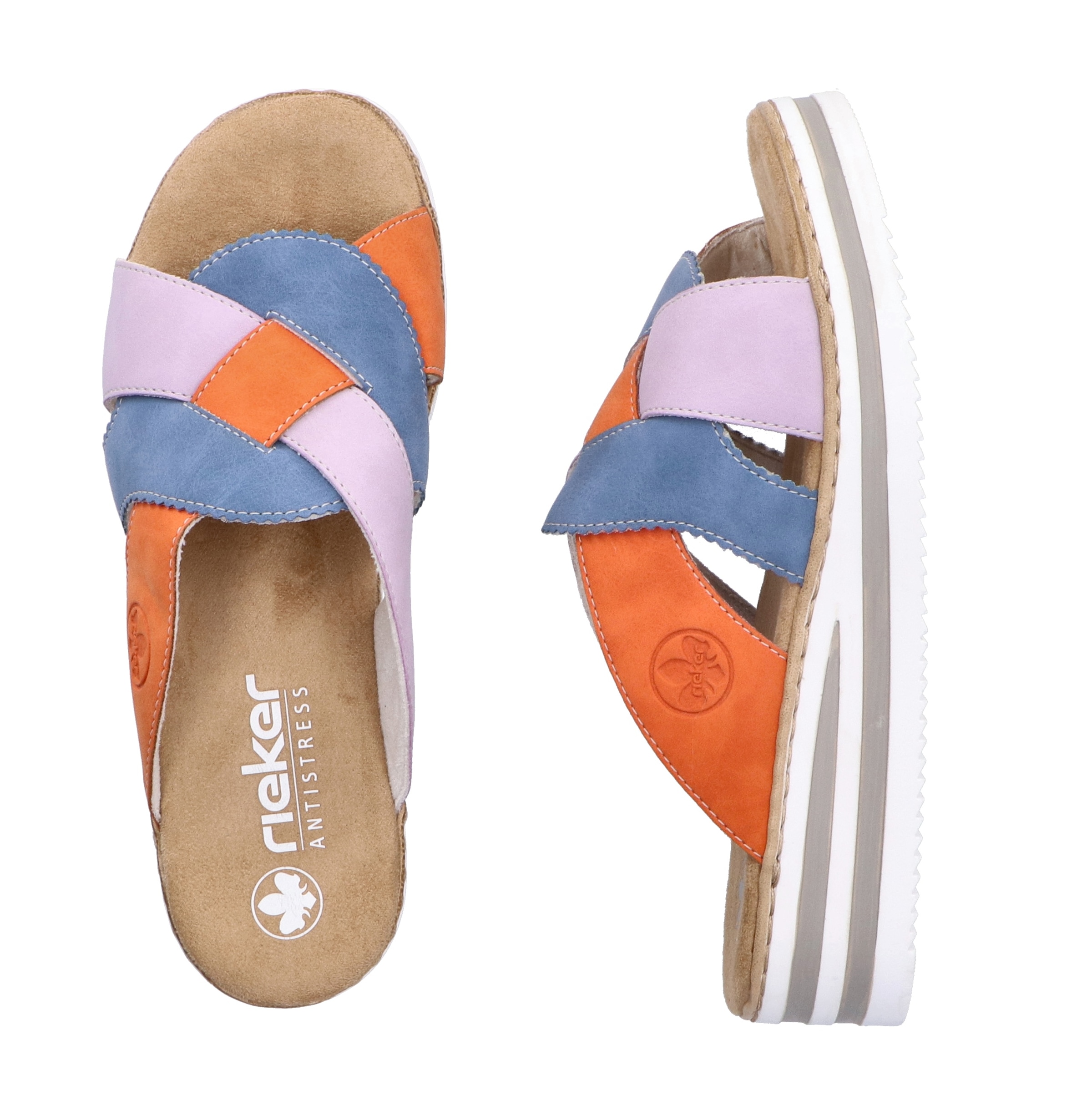 Rieker Pantolette, Sommerschuh, Strandschuh, Hausschuh mit zweifarbiger Plateausohle
