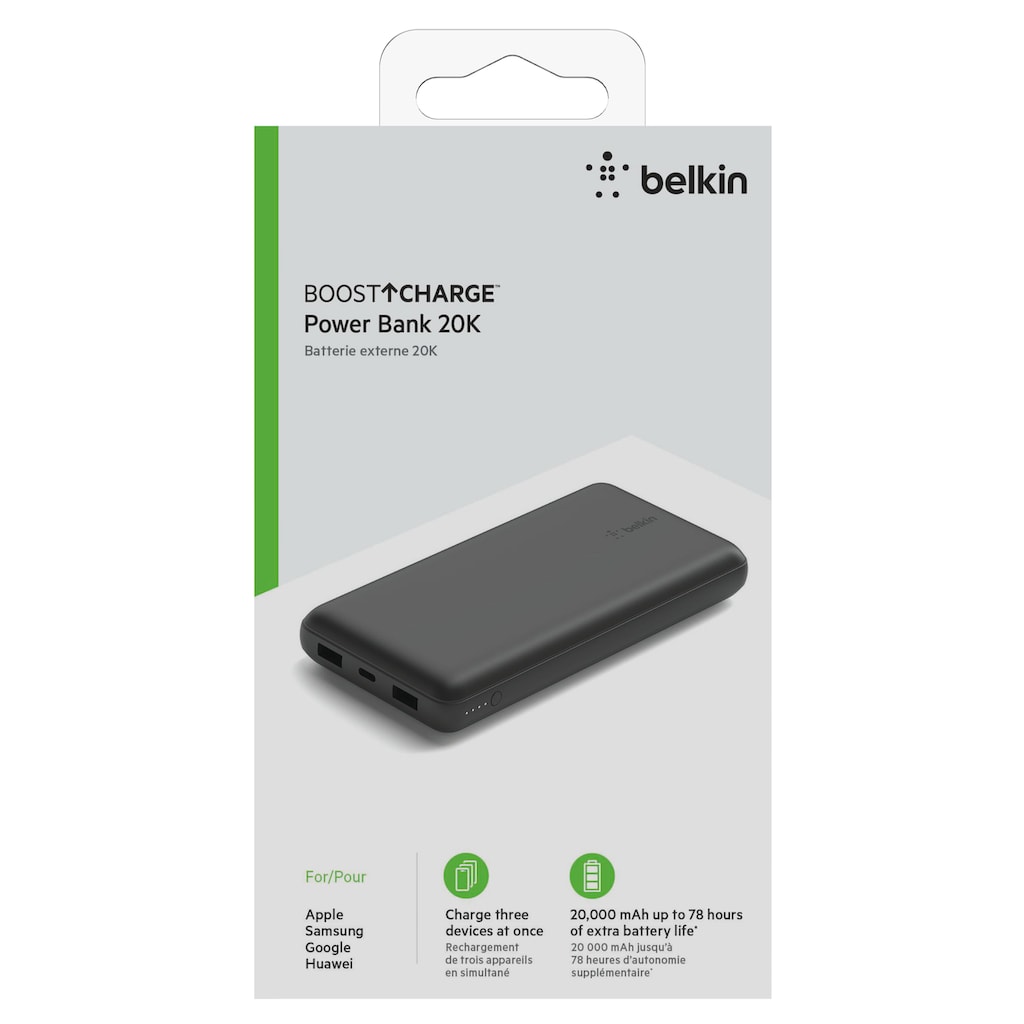 Belkin Powerbank »BoostCharge 20.000mAh Powerbank 15 Watt zum Laden von 3 Geräten«, 1x USB-C, 2x USB-A, Power für bis zu 78 Stunden
