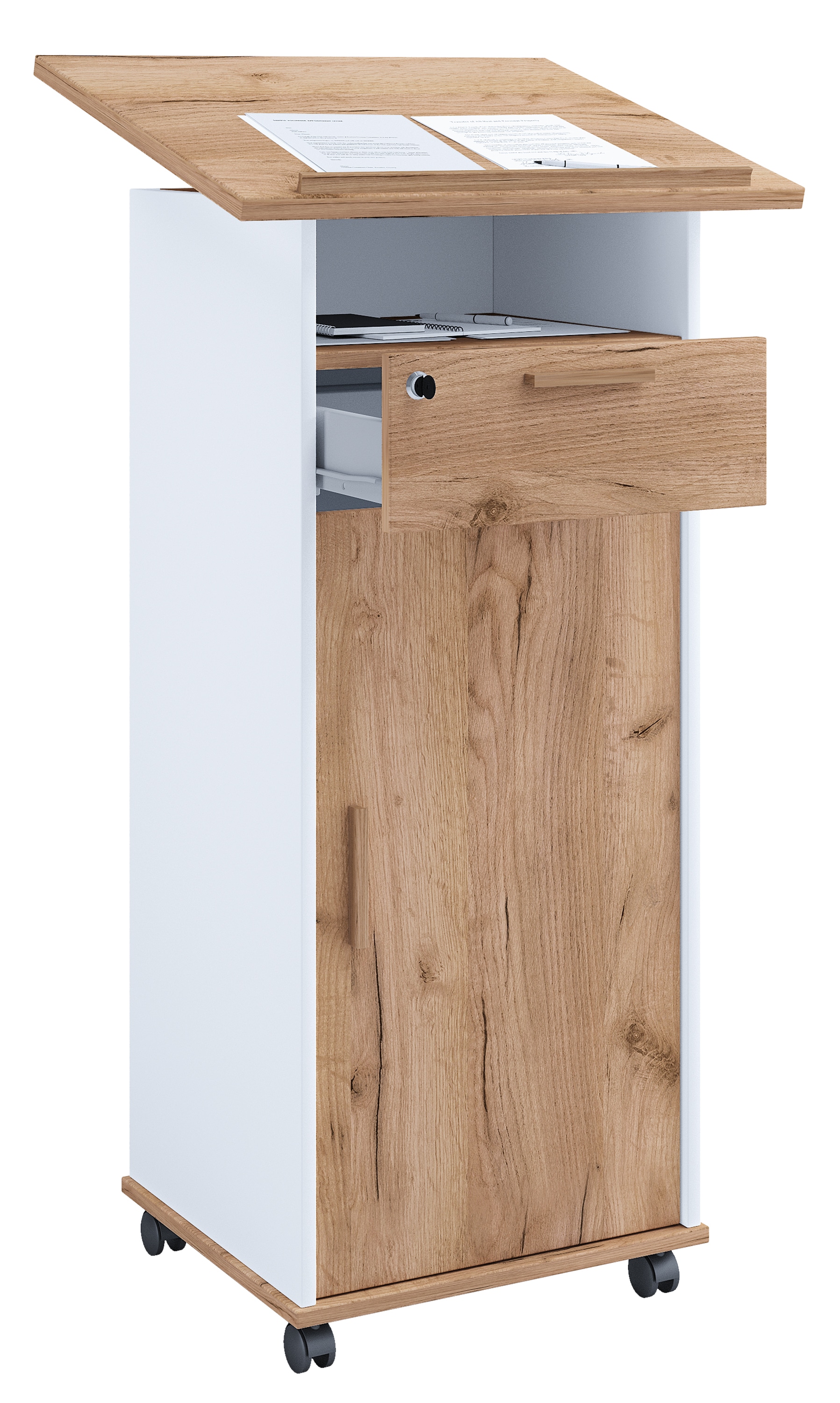 Vcm Gelb/Braun/Weiß Bürowagen "Holz Stehpult Rednerpult Stehtisch Rollen Melta T", (, Honig, Eiche), B:60cm T:50cm, Tische, Bürowagen - Image 3