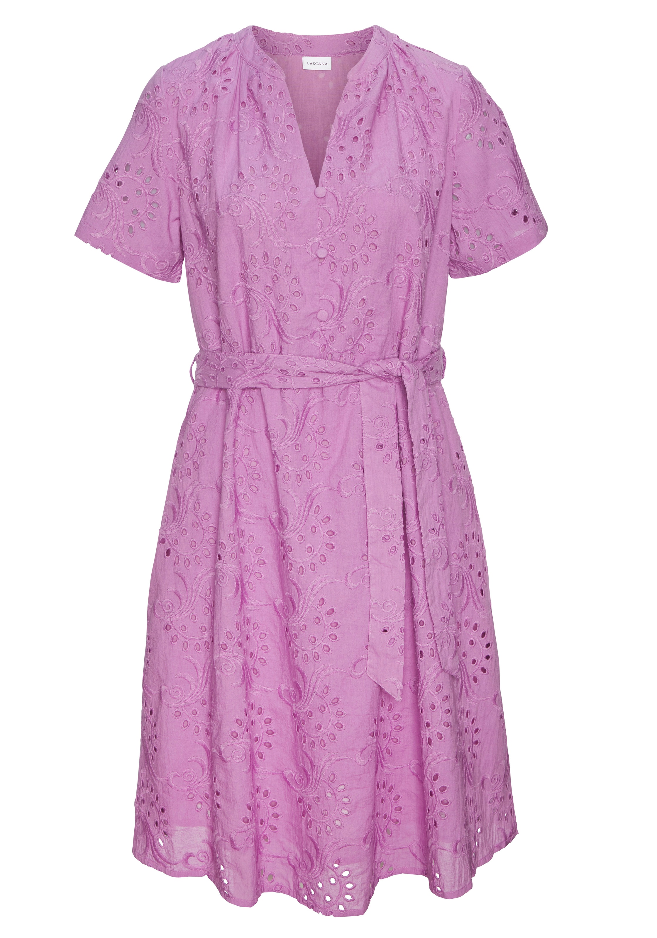 LASCANA Blusenkleid mit Bindegürtel, und Lochstickerei, Spitzenkleid günstig online kaufen
