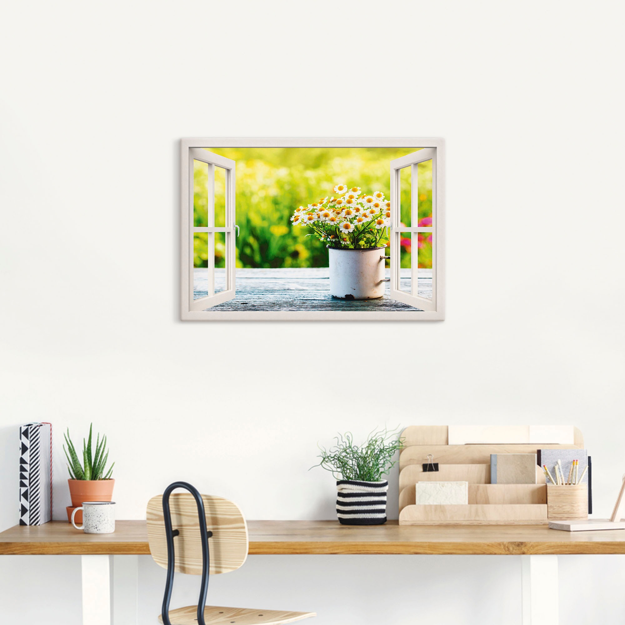Artland Leinwandbild "Fensterblick Garten mit Gänseblümchen" Blumen 1 Stk. günstig online kaufen