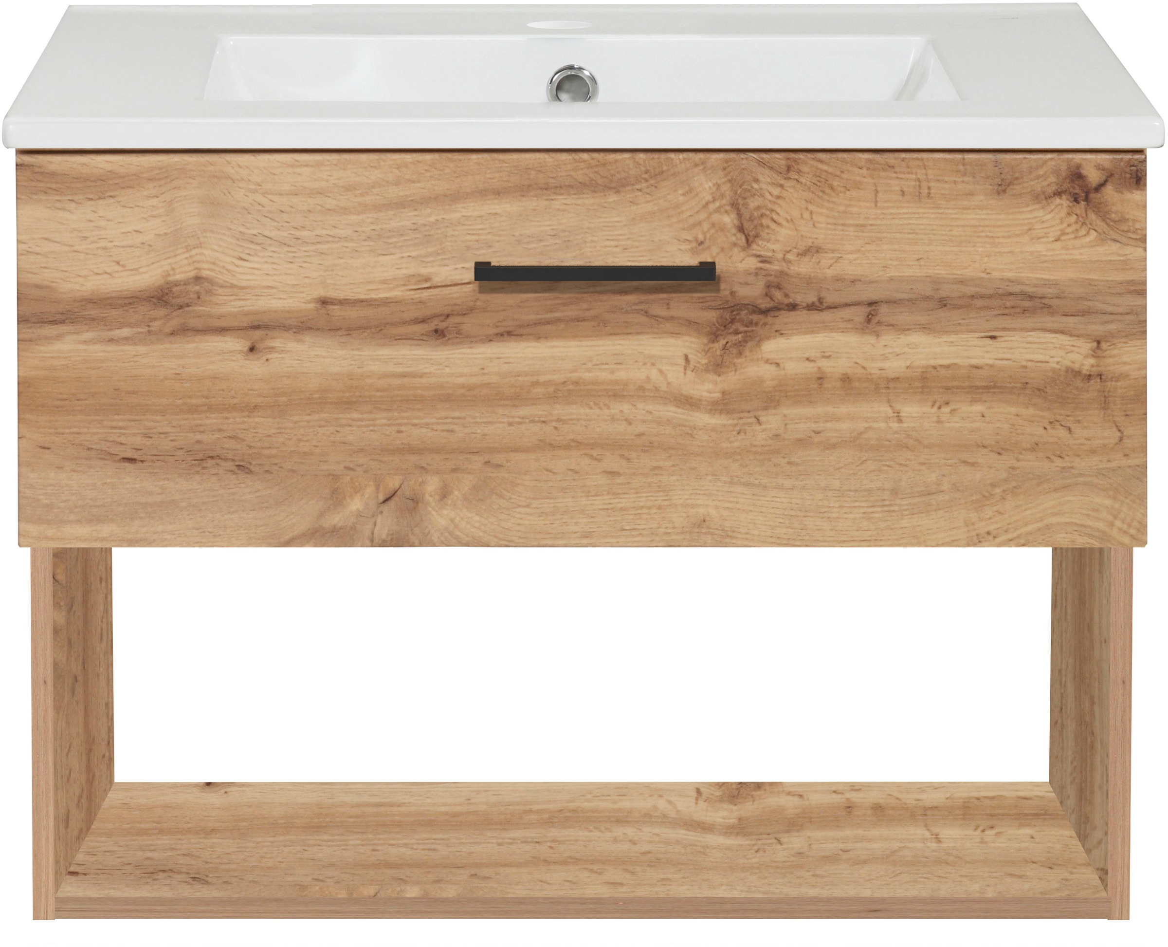 welltime Waschtisch »Trento Light mit Keramik-Auflagebecken«, 1 Auzug und 1 offenes Fach, Breite: 61cm, Wotaneiche