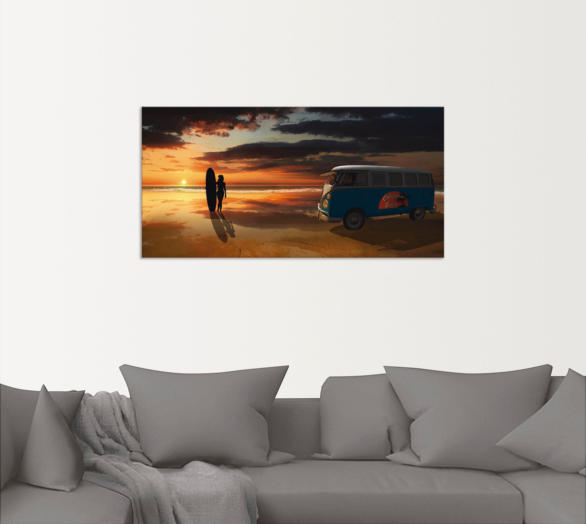 Artland Wandbild »Surfen in Kalifornien mit Bulli T1«, Küste, (1 St.), als Alubild, Outdoorbild, Leinwandbild, Poster, Wandaufkleber