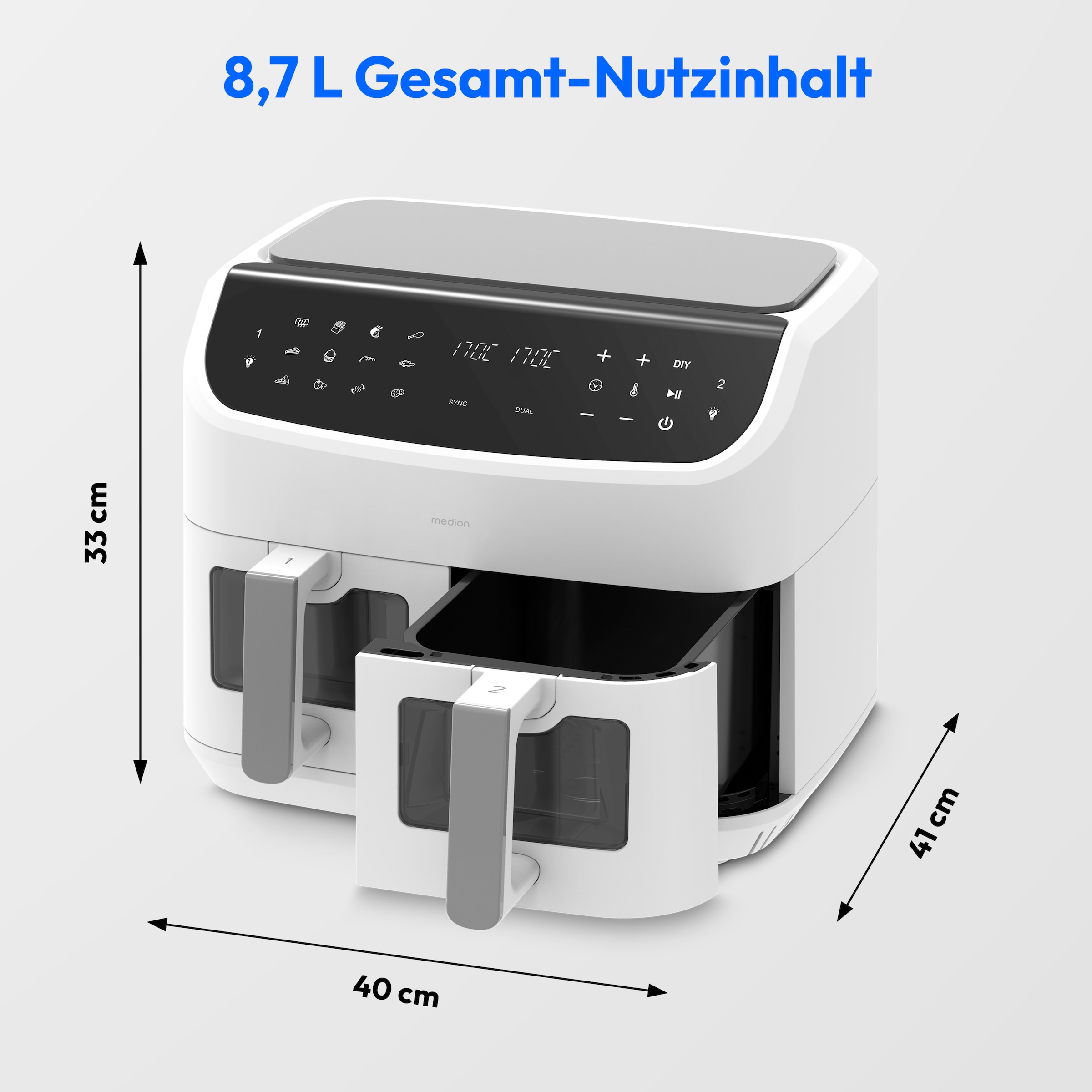Medion® Heißluftfritteuse »MD 11760 P20XXL Twin«, 2400 W, Temperatur 50 - 200 °C, ILAG Beschichtung, Sync-Finish