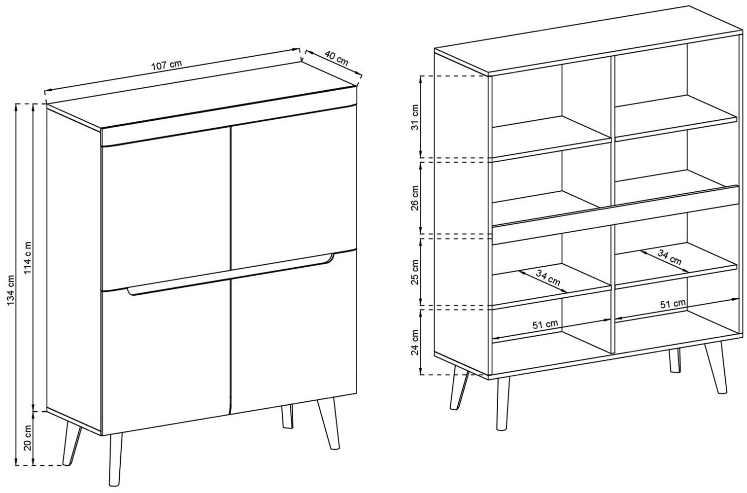 INOSIGN Highboard »Torge, Kommode, Schrank, Sideboard, Anrichte, Mehrzweckschrank«, (1 St.), abgeschrägte Füße, drei Farben, Scandi Design, 107 cm breit