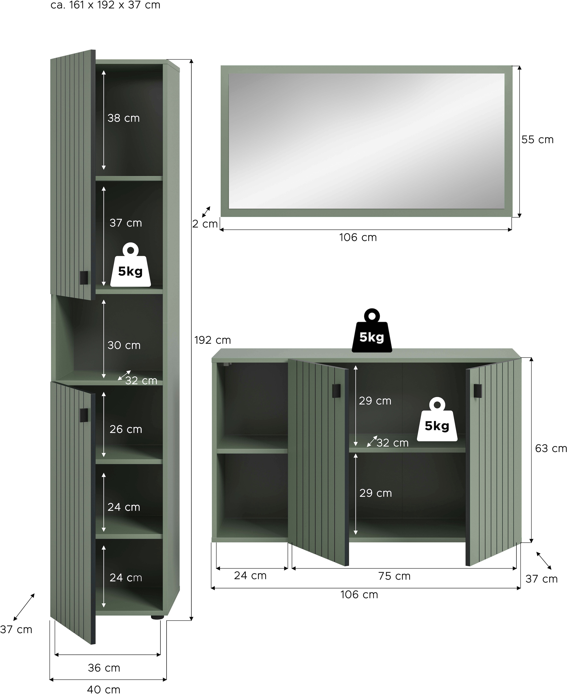 INOSIGN Garderoben-Set »TATIO, 3-tlg. Garderobenkombination, Breite: 161 cm, Rillenfräsung« Set, Set, best. aus: 1 Spiegel, 1 Garderobenschrank, 1 Schuhkommode, 3 Stk. tlg.