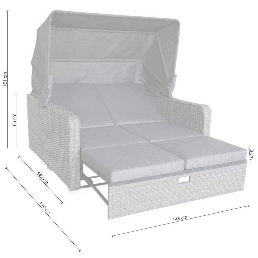 KONIFERA Loungebett »Sylt«, (Set, 8 St.), ausziehbares Sofa, Hängetisch, mit klappbarem Dach, Strandkorb