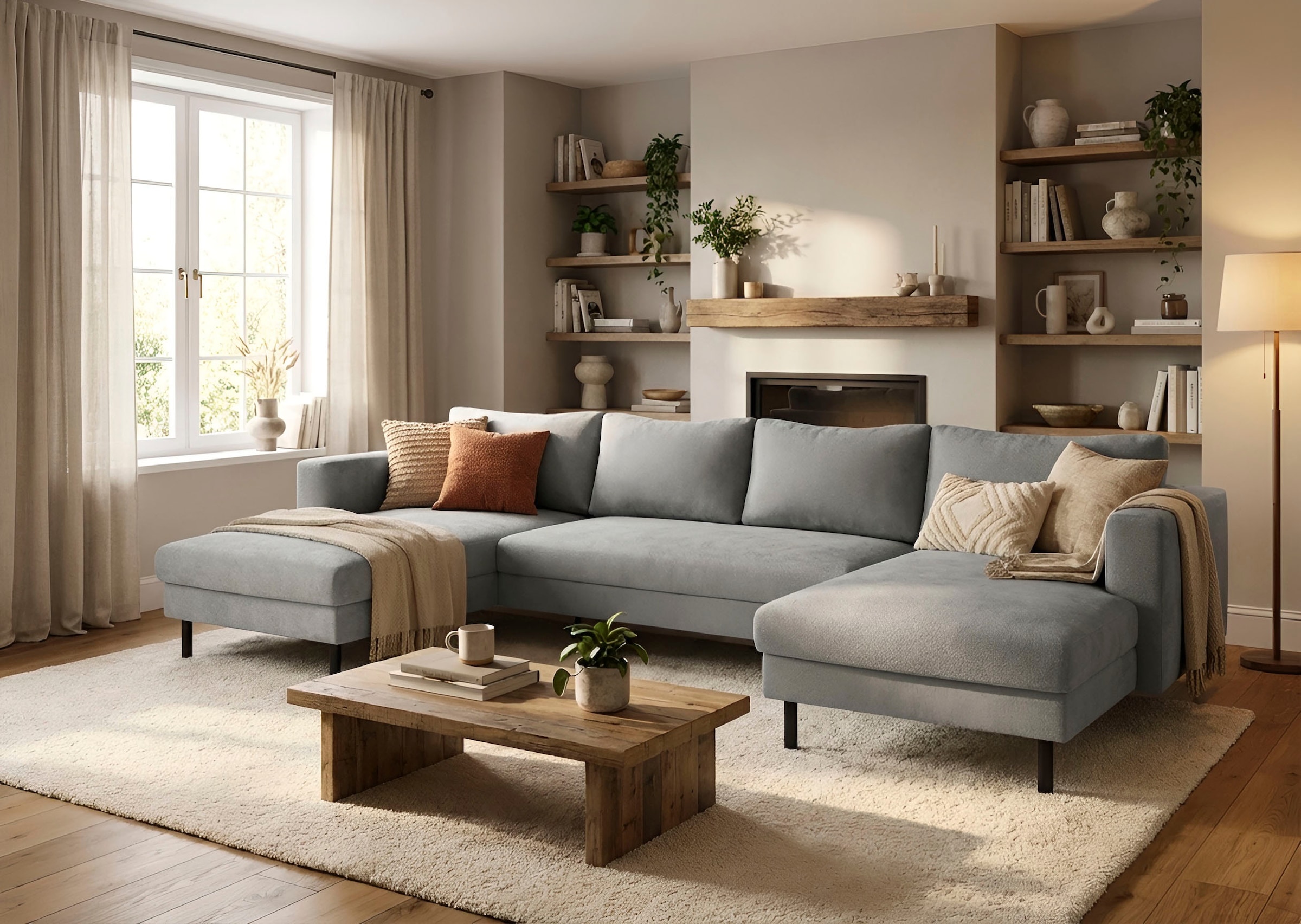 TRENDMANUFAKTUR Wohnlandschaft "Amazing II, wahlw. mit Schlaffunktion & Bettkasten, Fuß schwarz" Sofa in U-Form, in Cord, Struktur LEO o. Struktur LINO, Breite 305 cm