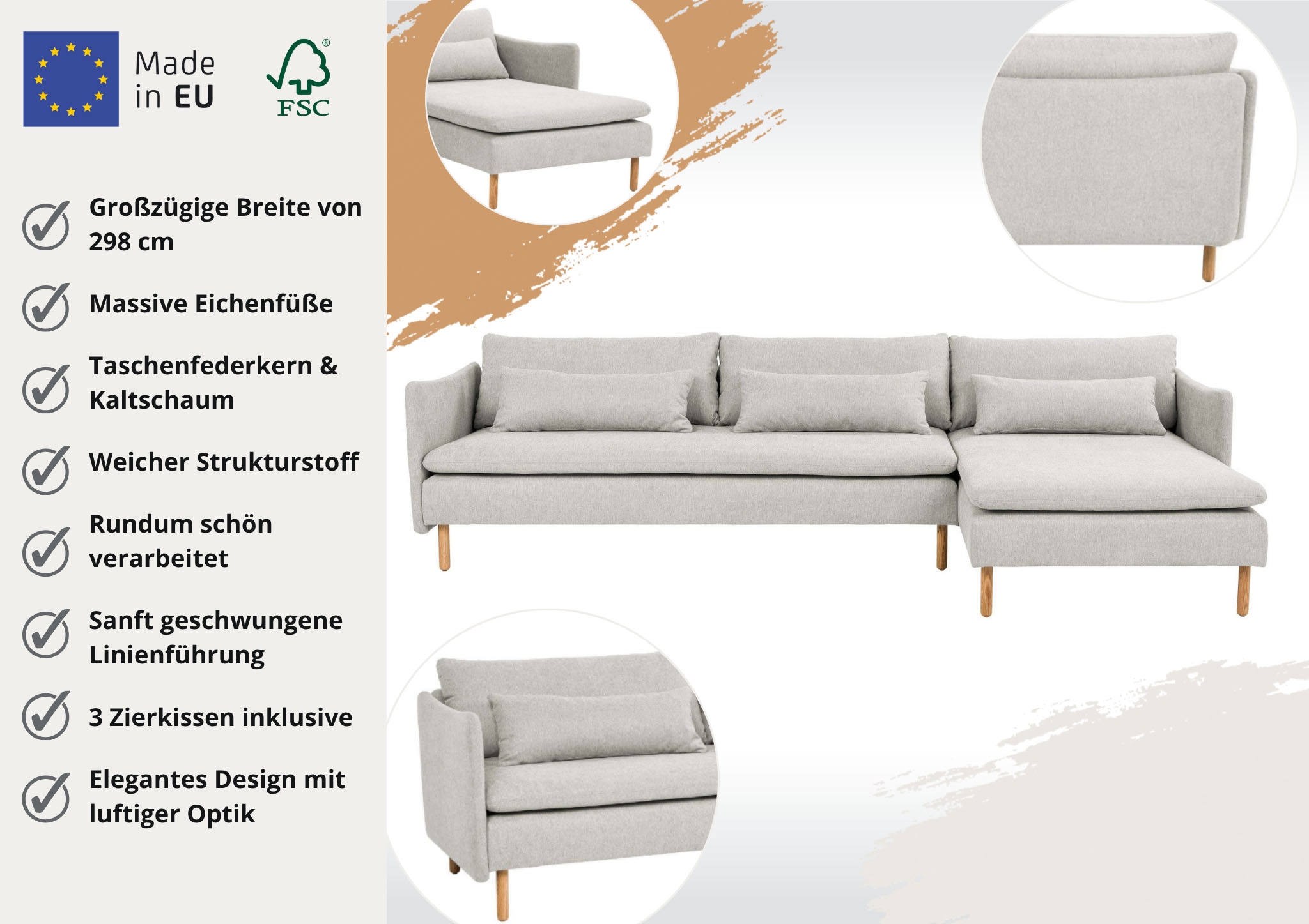 OTTO home Ecksofa »Syllas, Polsterecke, Sofa, hochwertige Verarbeitung« L-Form, mit Taschenfederkern, B: 298 cm, FSC®