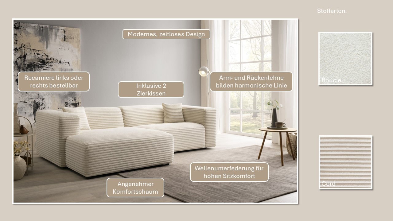 andas Ecksofa »BAKELS, L-Form in Cord oder Boucle-Stoff, moderne Couch«, wahlweise Recamiere rechts/links, bequemer Sitzkomfort