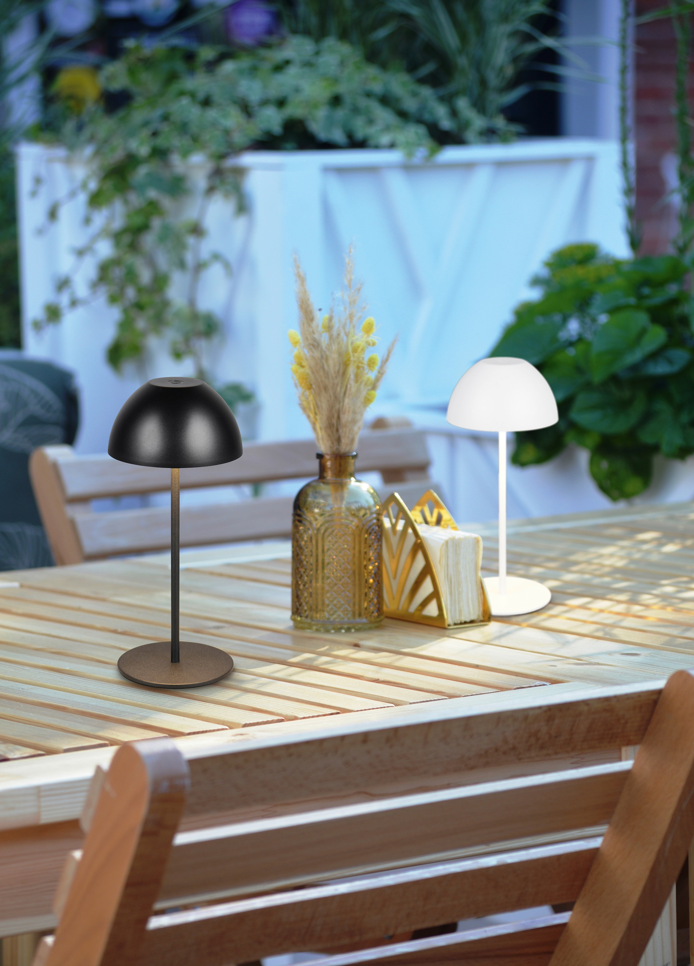 REALITY Leuchten LED Tischleuchte »ORTIZ, Outdoor Akku Tischleuchte in Pilzform, IP44, Touchdimmer USB-C«, 1 flammig, Leuchtmittel LED-Board | LED fest integriert, Memoryfunktion für Dimmstufe, Garten Tischlampe Akku 3h Laufzeit
