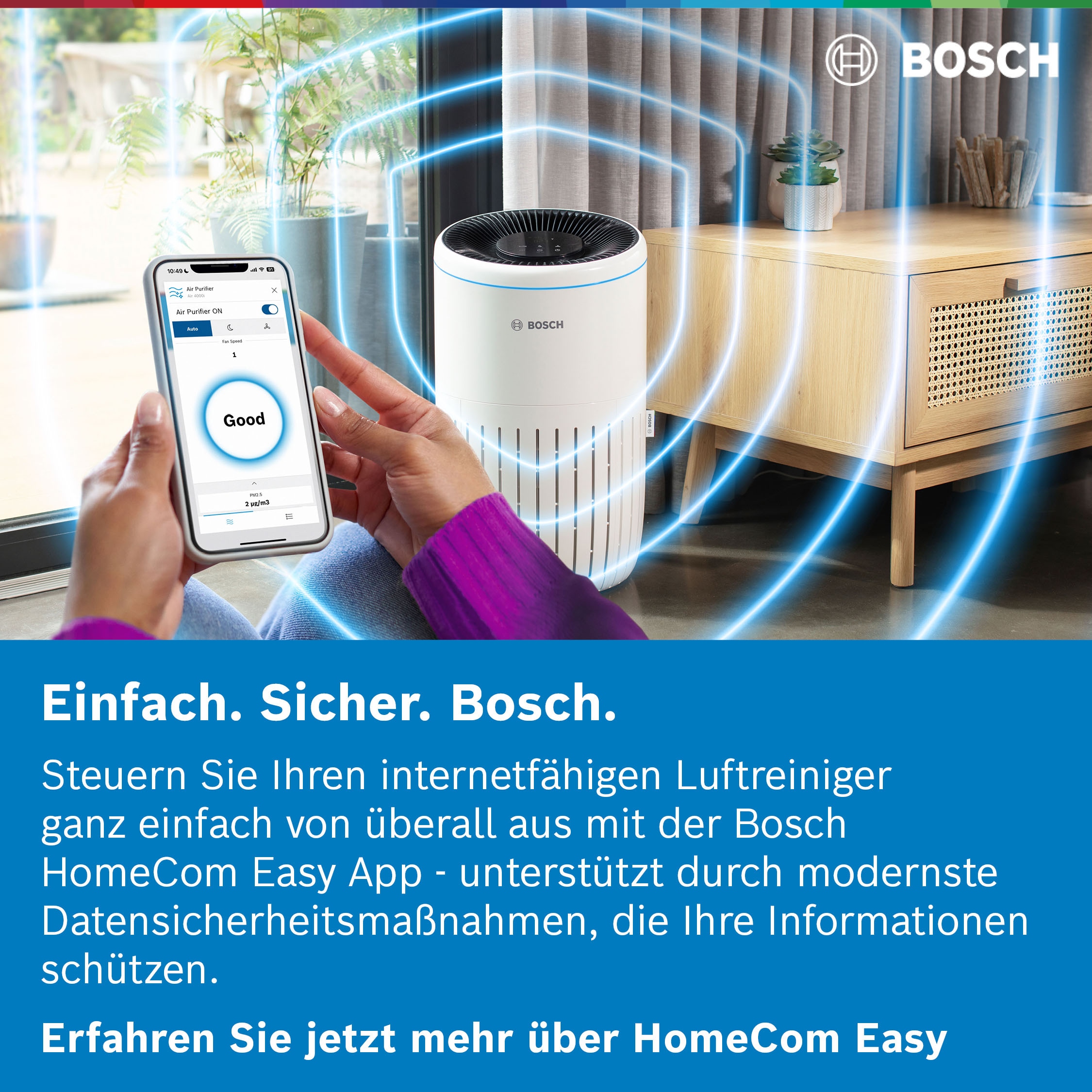 BOSCH Luftreiniger »Air 2000i, kompakt mit App-Steuerung« für 37 qm Räume mit 3-in-1 Luftfilter, Smart Sensor, Automatik-, Ruhemodus < 25 dB(A)