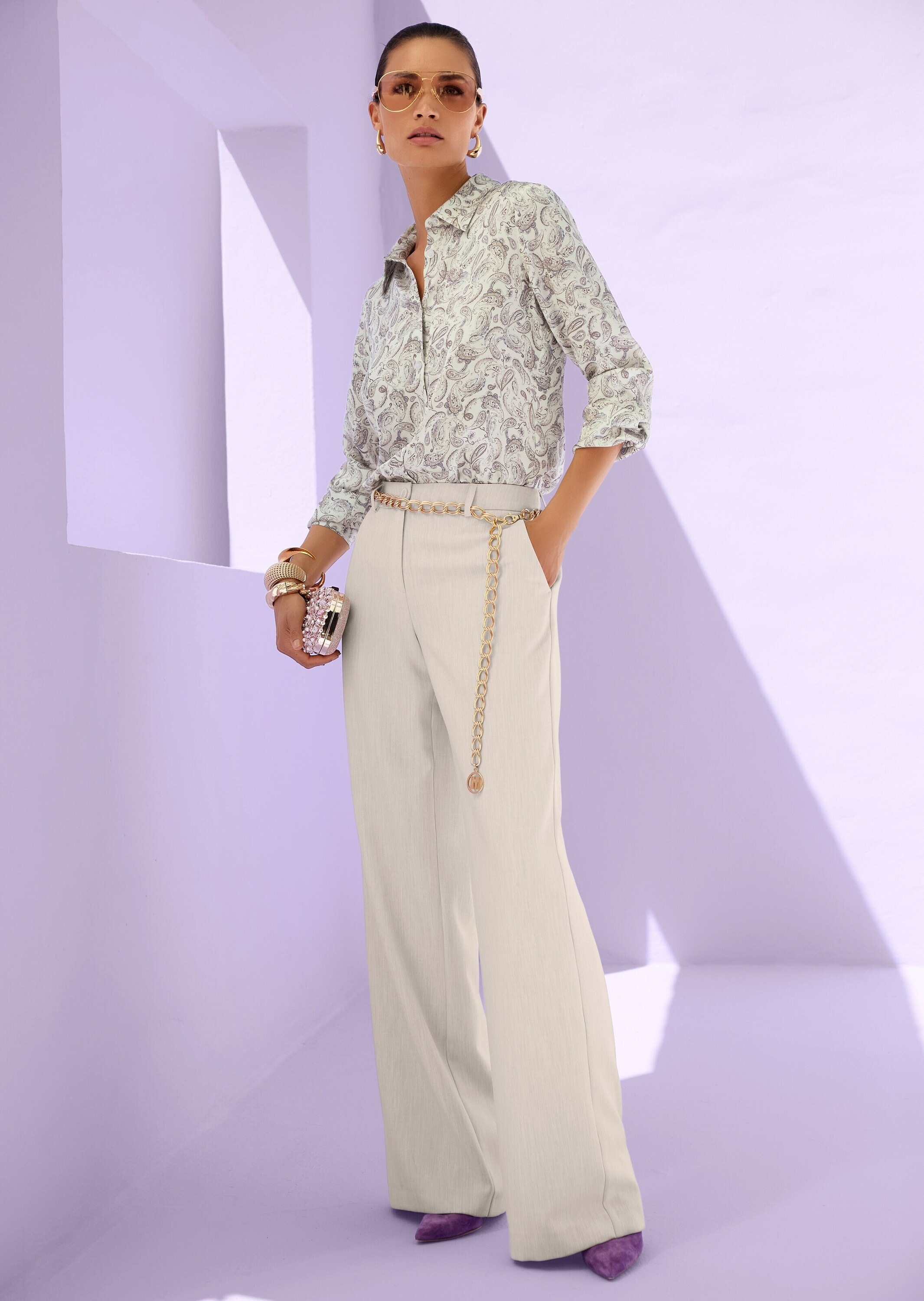 Langarmbluse MADELEINE "Paisleybluse Elegante Viskosebluse mit Knopfleiste", Damen, Gr. 38, weiß (perlweiß, multicolor), Obermaterial: 100% Viskose CV., Modern, Blusen 3