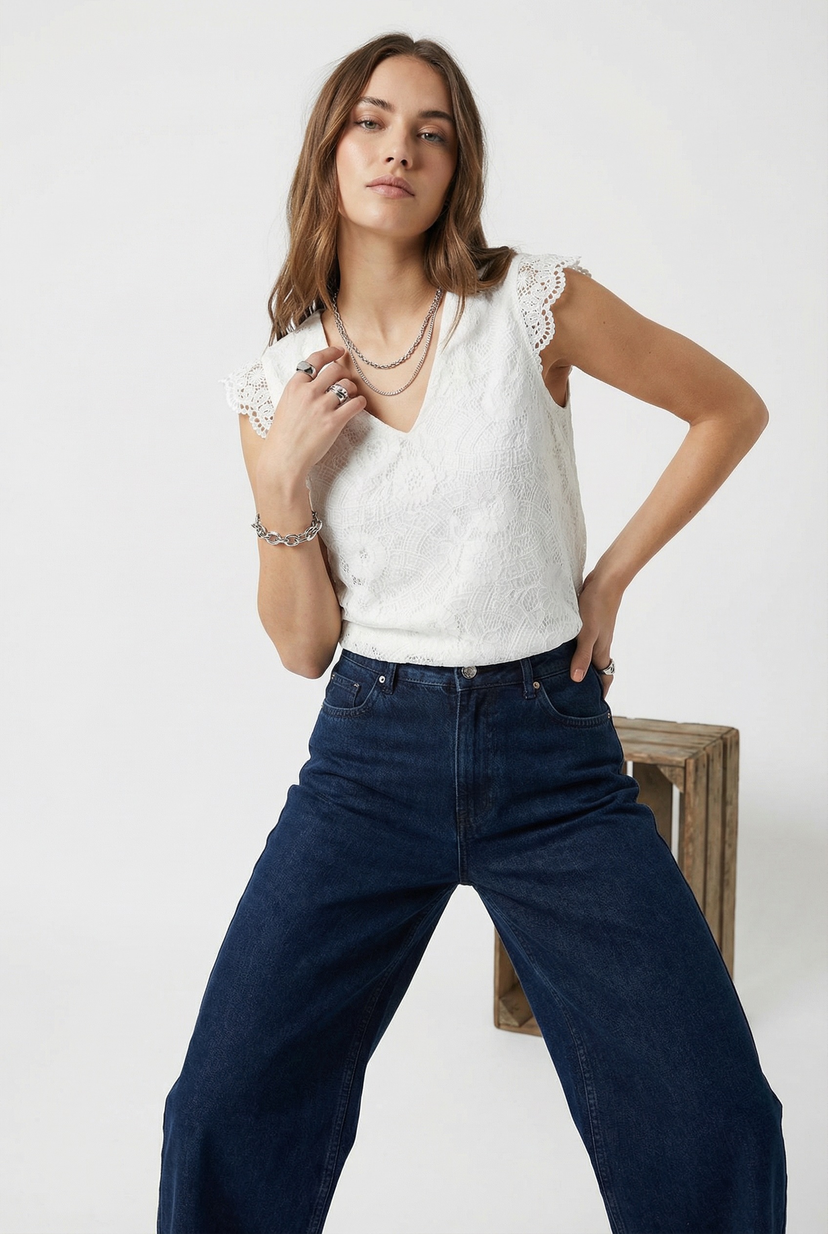 pieces Spitzentop "PCOLLINE SL LACE V-NECK TOP WVN NOOS"